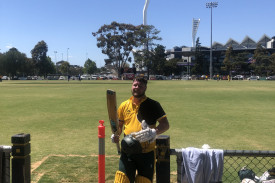 Johno Benallack celebrates 107 runs.