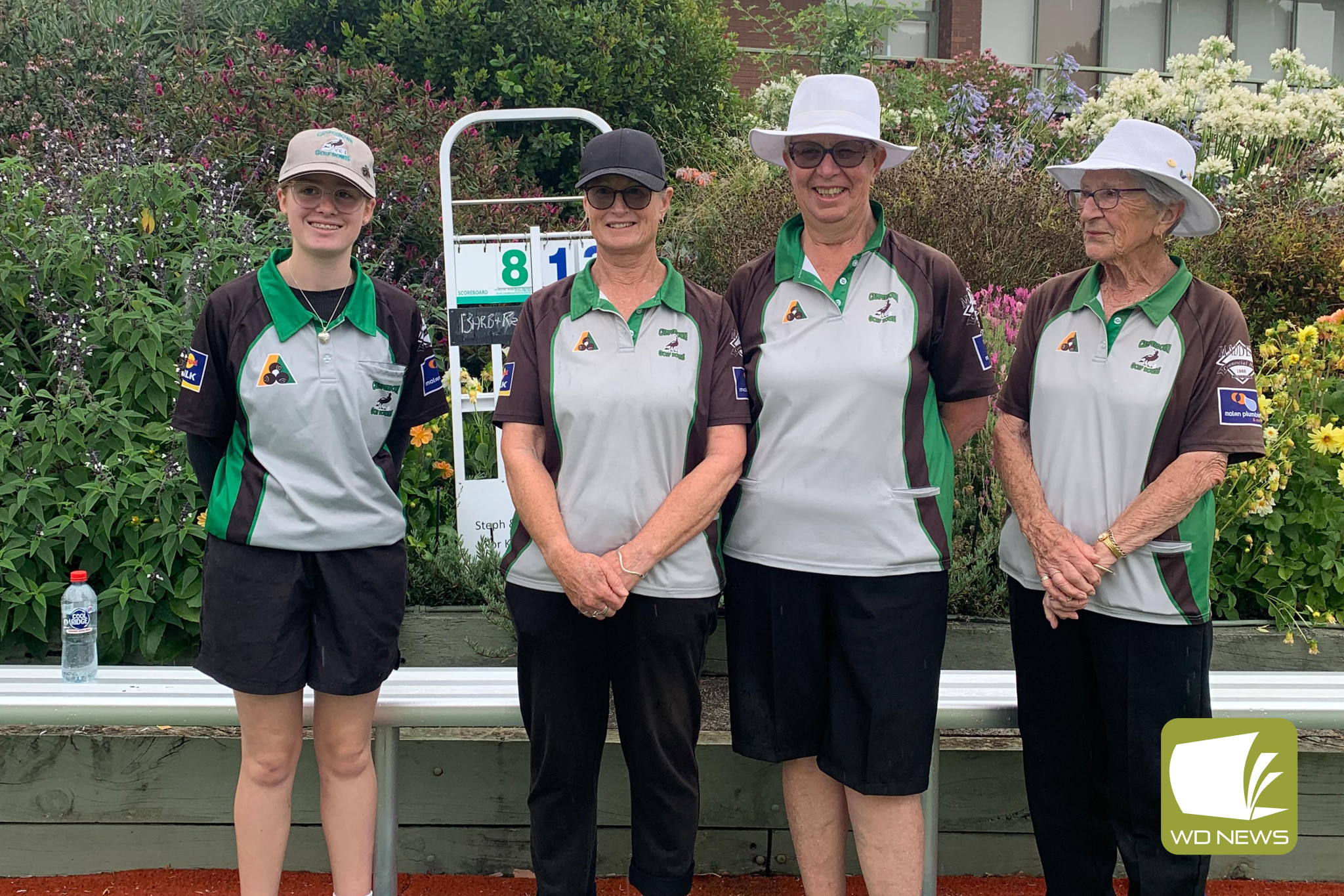 Ladies’ pairs winners Ro Dunstan and Keira Johnson with runners-up Barb Boyd and Rene Wyles.