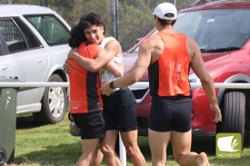 On top: Michael Moschou celebrated victory in the 120 metre Mortlake Gift men’s open.