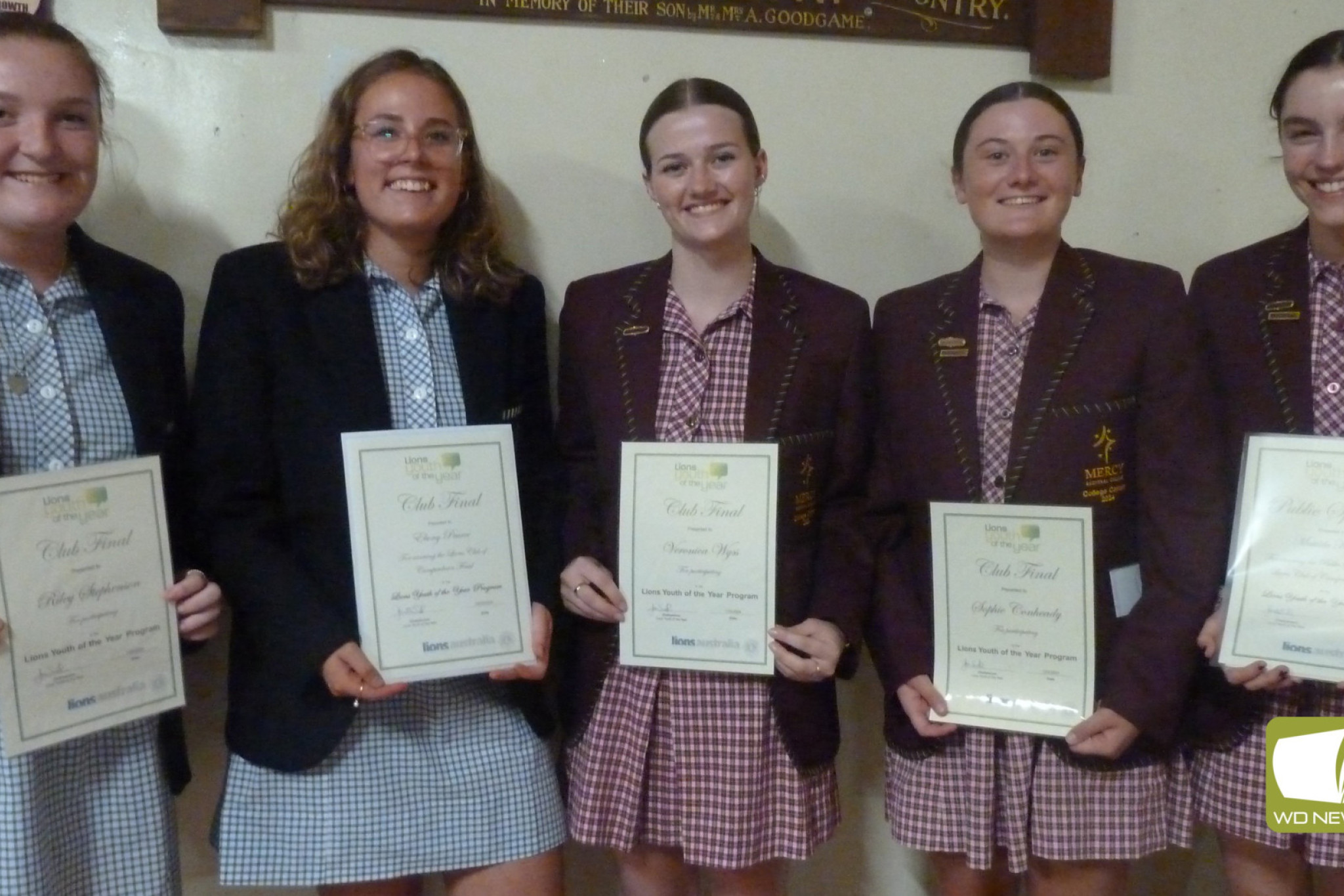 Youth of the Year: Riley Stephenson, Ebony Pearce (winner), Veronica Wyss, Sophie Conheady and Matilda Kealley all competed at the annual Lions Youth of the Year.
