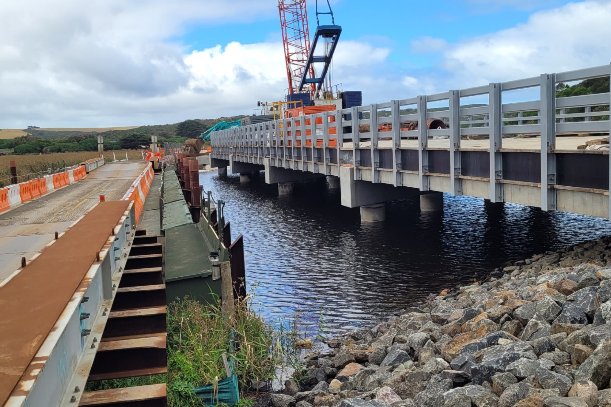 Reopened: The temporary Gellibrand River bridge on Old Coach Road at Princetown has been re-opened to vehicles, with works on the new bridge still continuing.