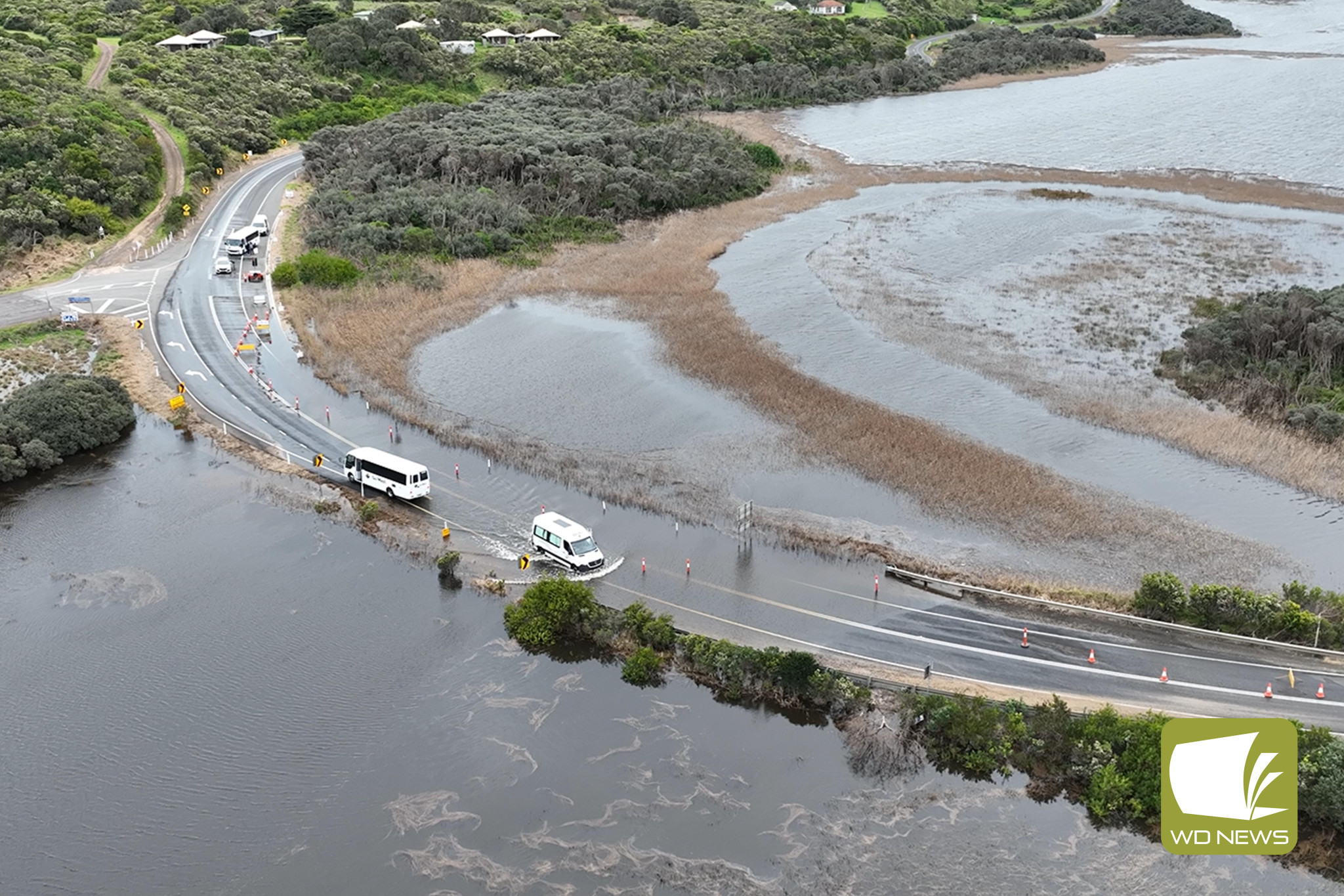 Under water: Aerial footage shows the extreme flooding at Princetown recently which led to the temporary closure of the Great Ocean Road,