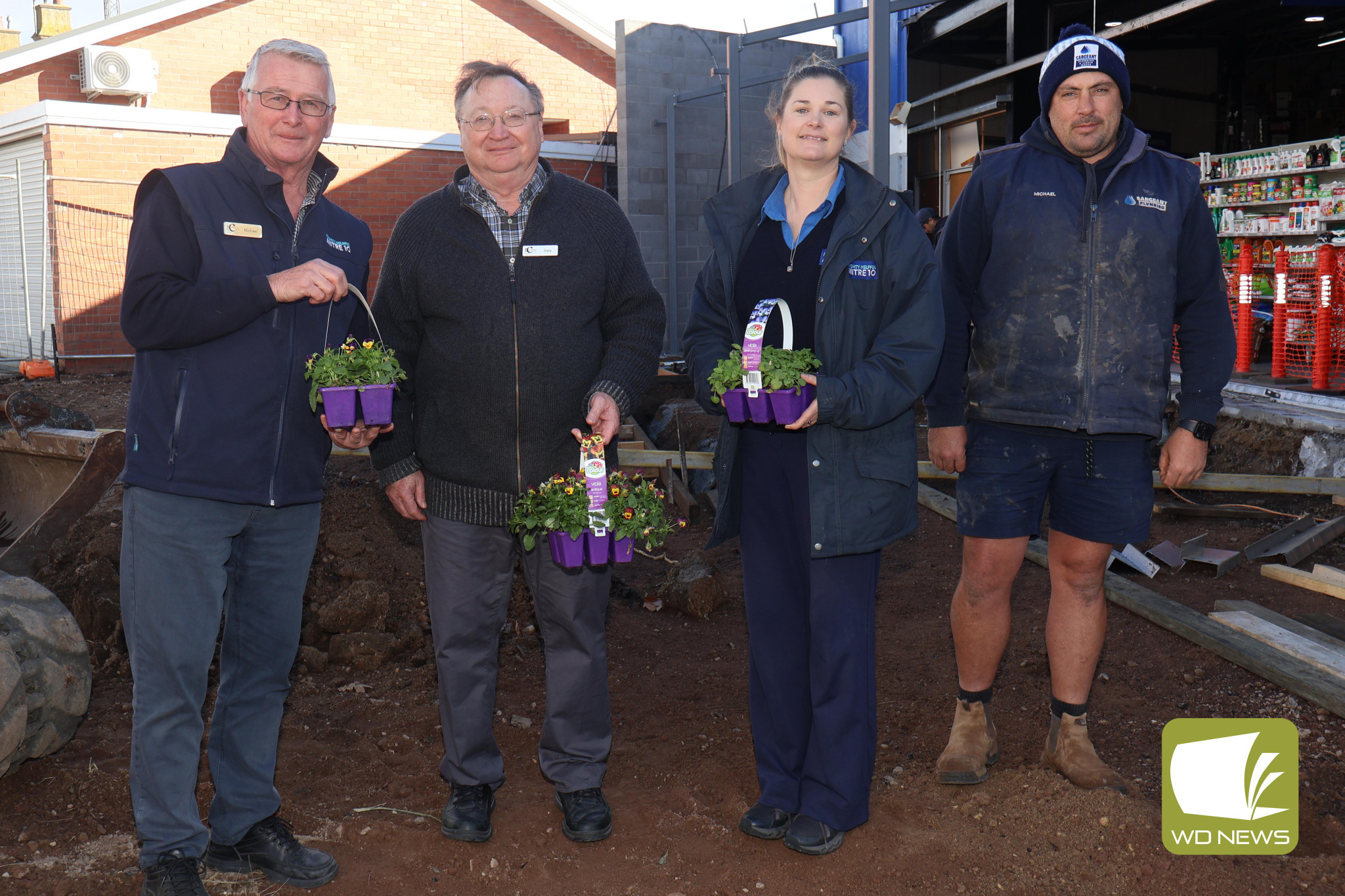 Revitalised: Work is well and truly underway as the Terang and District Co-op Mitre 10 expands through the establishment of a new garden centre. Pictured is Terang and District Co-op trade manager hardware division Michael Boote (from left), chief executive officer Gary Tempany, retail manager hardware division Jo Bailey and Sargeant Plumbing owner Michael Sargeant.