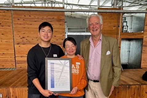 Congratulations: Warrnambool's Rain Lai, pictured with his mother Rose Huang and Salt Creek Wind Farm proprietor Peter Coy, was overjoyed to be named the 2024 recipient of the $30,000 Salt Creek Wind Farm scholarship.