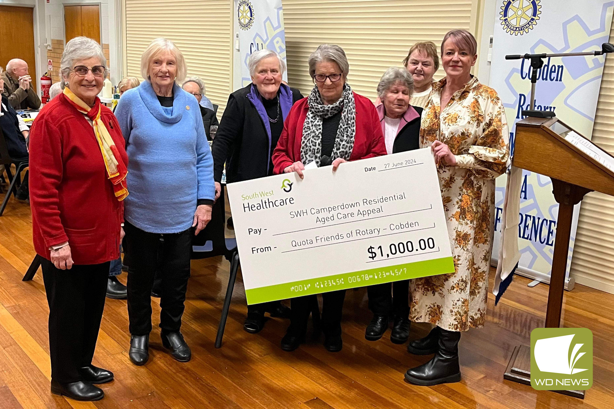 Members of the Quota Friends of Cobden Rotary donated $1000 to Camperdown Residential Aged Care Appeal’s Suzan Morey (right) recently.