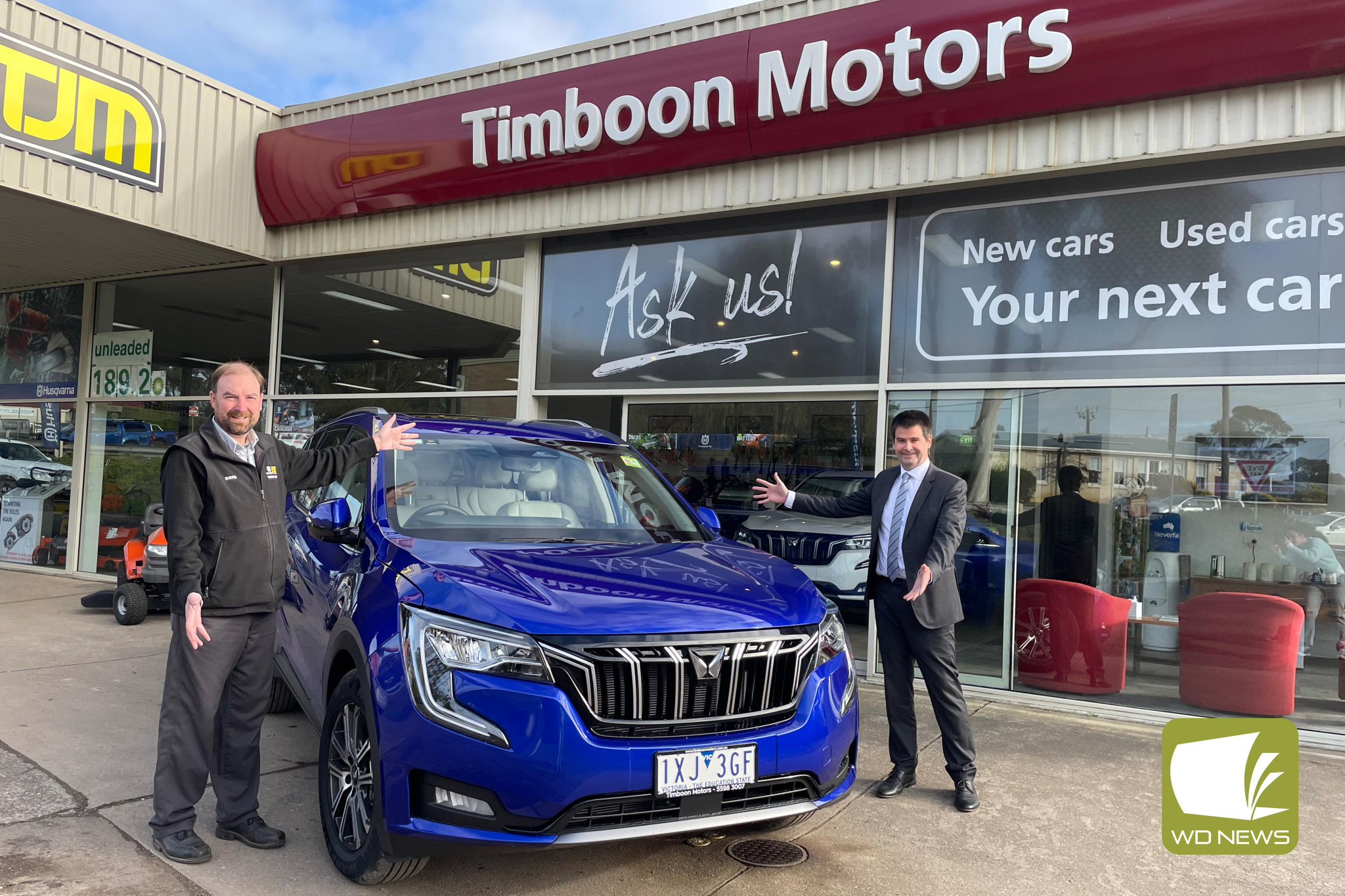 Drive away: David Costin and Ashley Cook of Timboon Motors have announced the addition of Mahindra vehicles to their fleet, after officially becoming a dealership for the cars which have seen a recent spike in popularity among farmers and off-road enthusiasts in Australia.