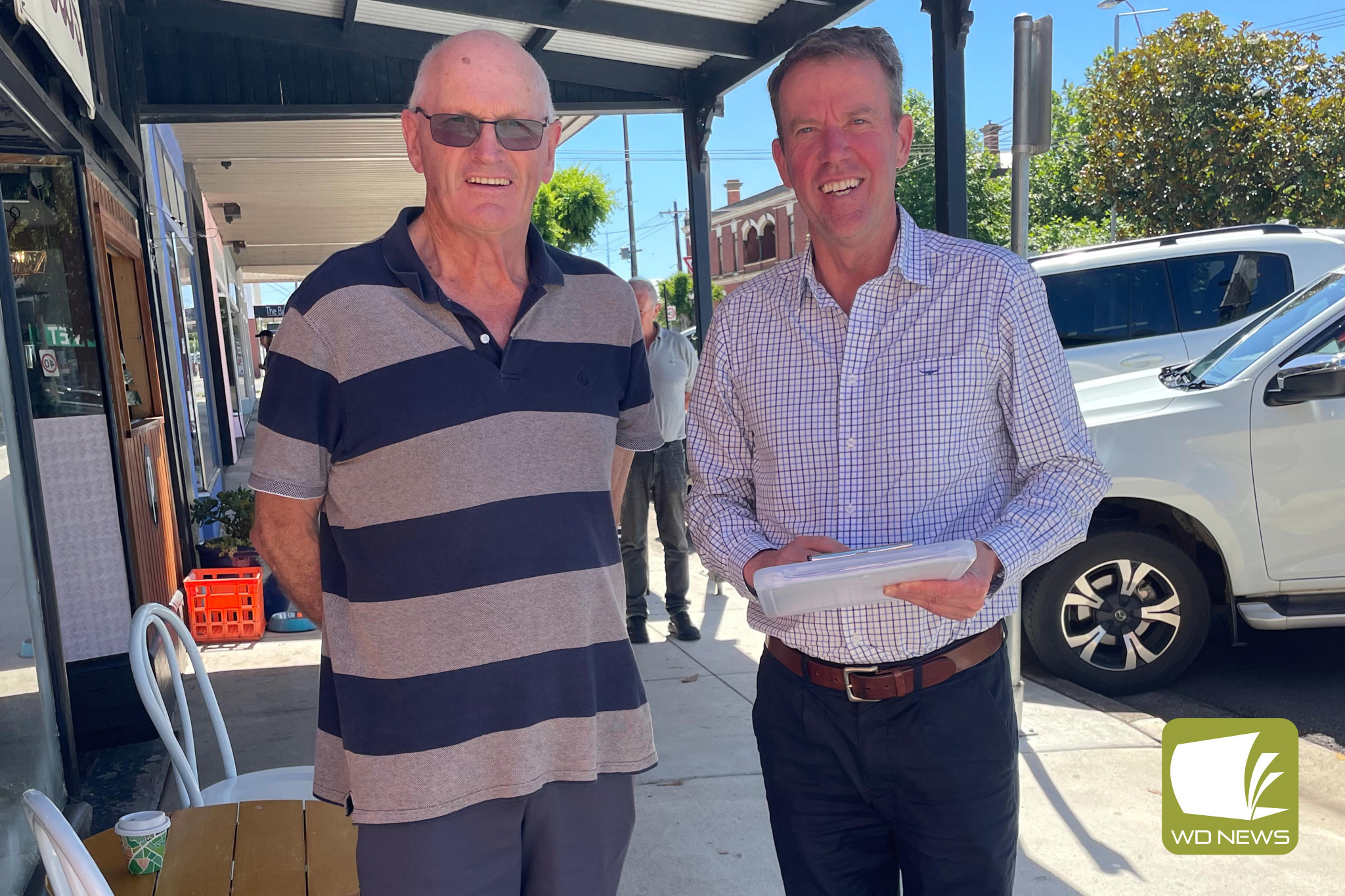 Listening post: Michael Hinkley took time to speak with Member for Wannon Dan Tehan at a listening post in Cobden last week.