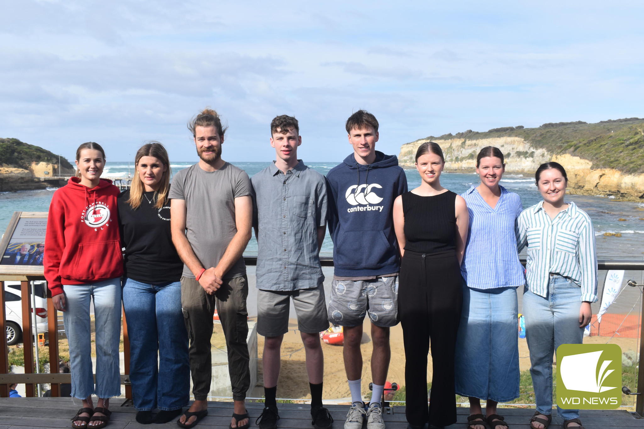 For Ross and Andy: Molly Jones (from left), Charlotte Plozza, Robert Matthews, Max Smith, Daniel Ryan, Abbey Vines, Olivia Whiting, Ebony Woods from Timboon and surrounds have shared in funding dedicated to the memory of the late Ross and Andy Powell.