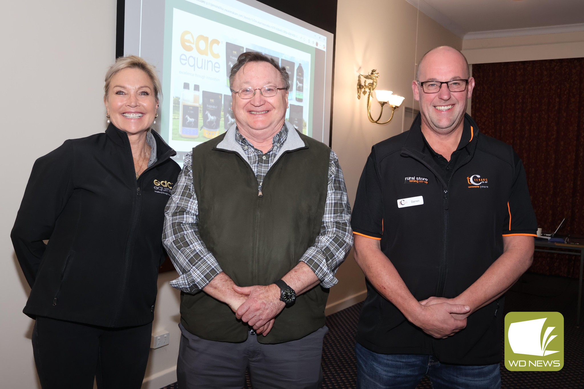 Questions and answers: Harness Racing trainer and equine nutrition expert Lisa Justice joined Terang Co-op Rural Store’s Gary Tempany and Darren Gee for a free information session which the Rural Store hosted as part of new concept to bring more value to customers.