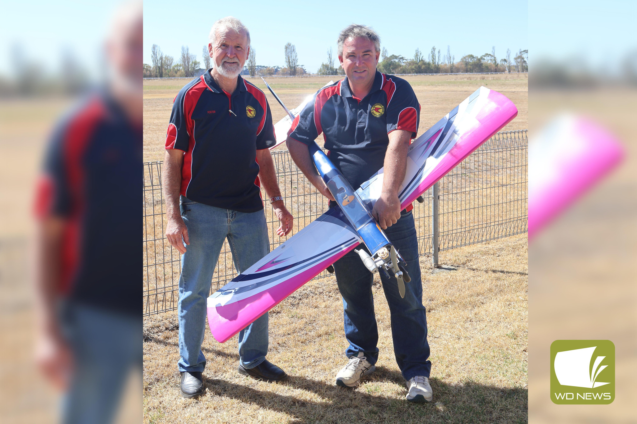 Flying high: Corangamite Model Aircraft Club safety officer Foster Taylor and secretary Brendan Gee are inviting residents to come along and have a taste of model airplane flying next weekend.