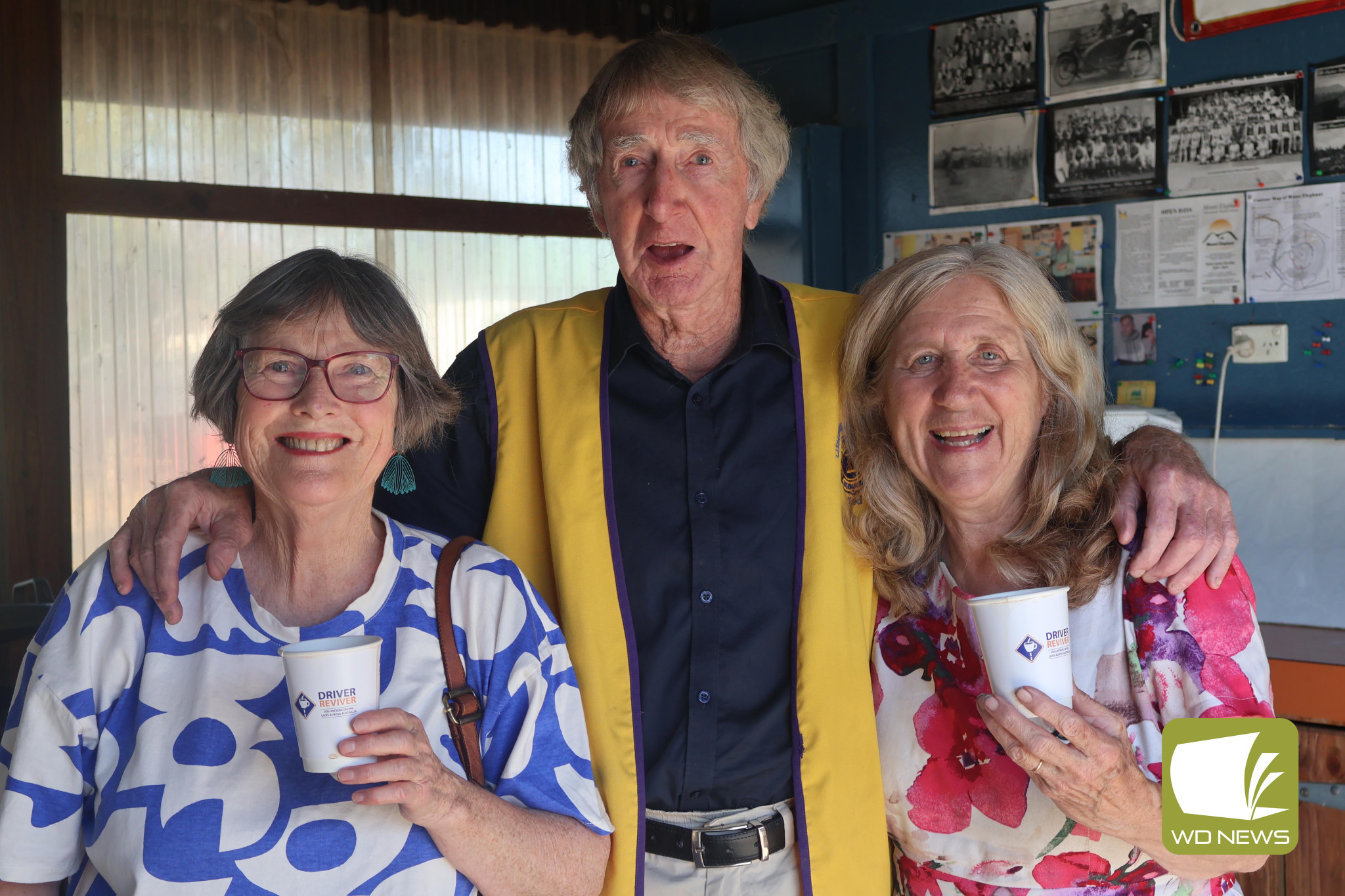 Cuppa and a chat: Helen McLean (from left), Lismore Lions Club member Ted Goodacre and visitor Gwendlyn Freethy enjoyed a chat and a cuppa at Lismore’s Driver Reviver station over the Labour Day long weekend.