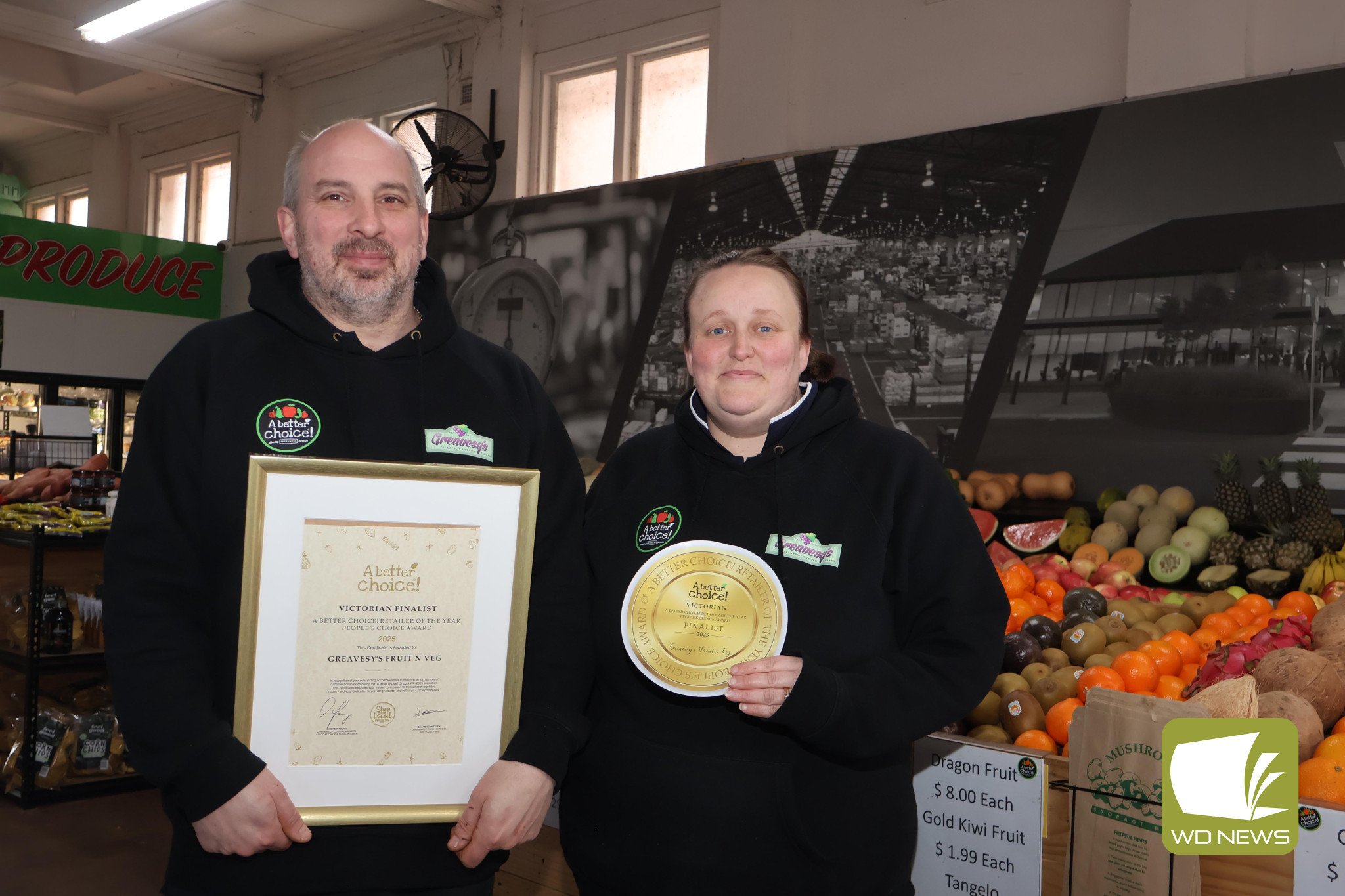 Congratulations: Jason and Cassie Greaves were thrilled to learn their store, Greavesy’s Fruit N Veg, had been named among the top 10 finalists in the 2025 A Better Choice Retailer of the Year Award.