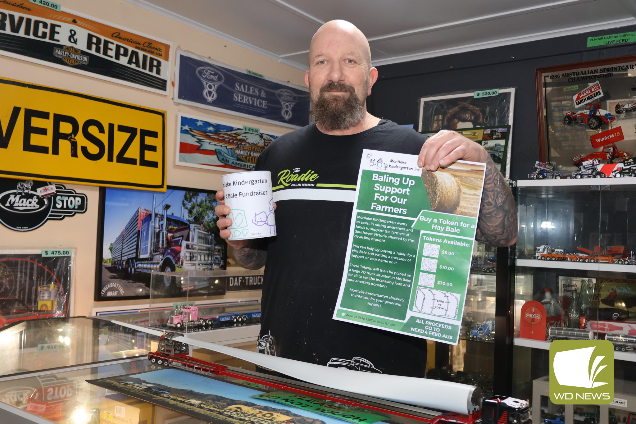 Support: The lessons taken from the ongoing drought has inspired Mortlake Kindergarten to launch a new fundraiser backing farmers. Business owners across Mortlake, including Mortlake Roadhouse owner Dion Symons (pictured), will this month be selling special tokens in a bid to help farmers stock up on hay.