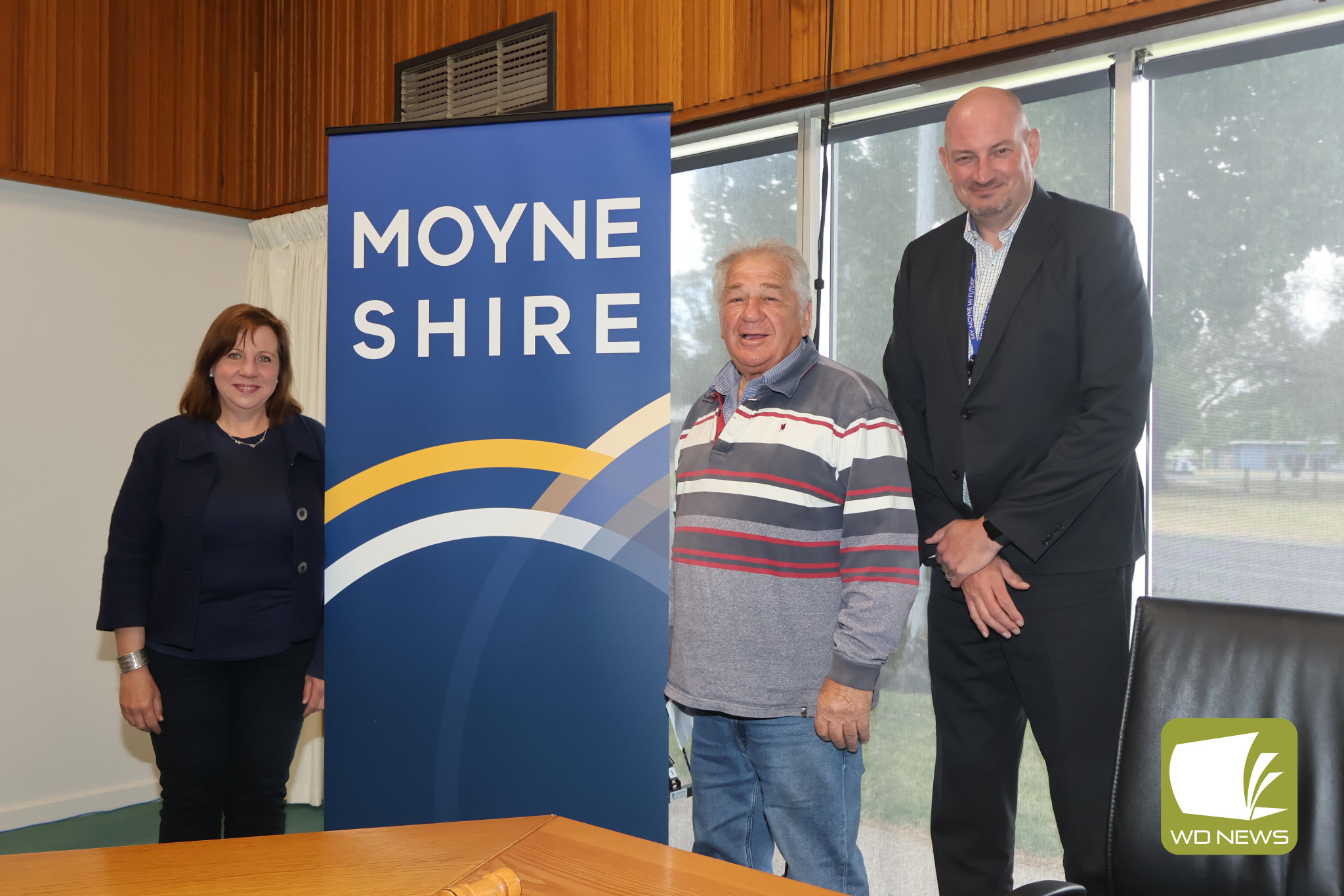 Certified: Moyne Shire councillors Susan Taylor and Jim Doukas, pictured with Moyne Shire Council chief executive officer Mark Eversteyn (right) at last week’s declaration of election results.