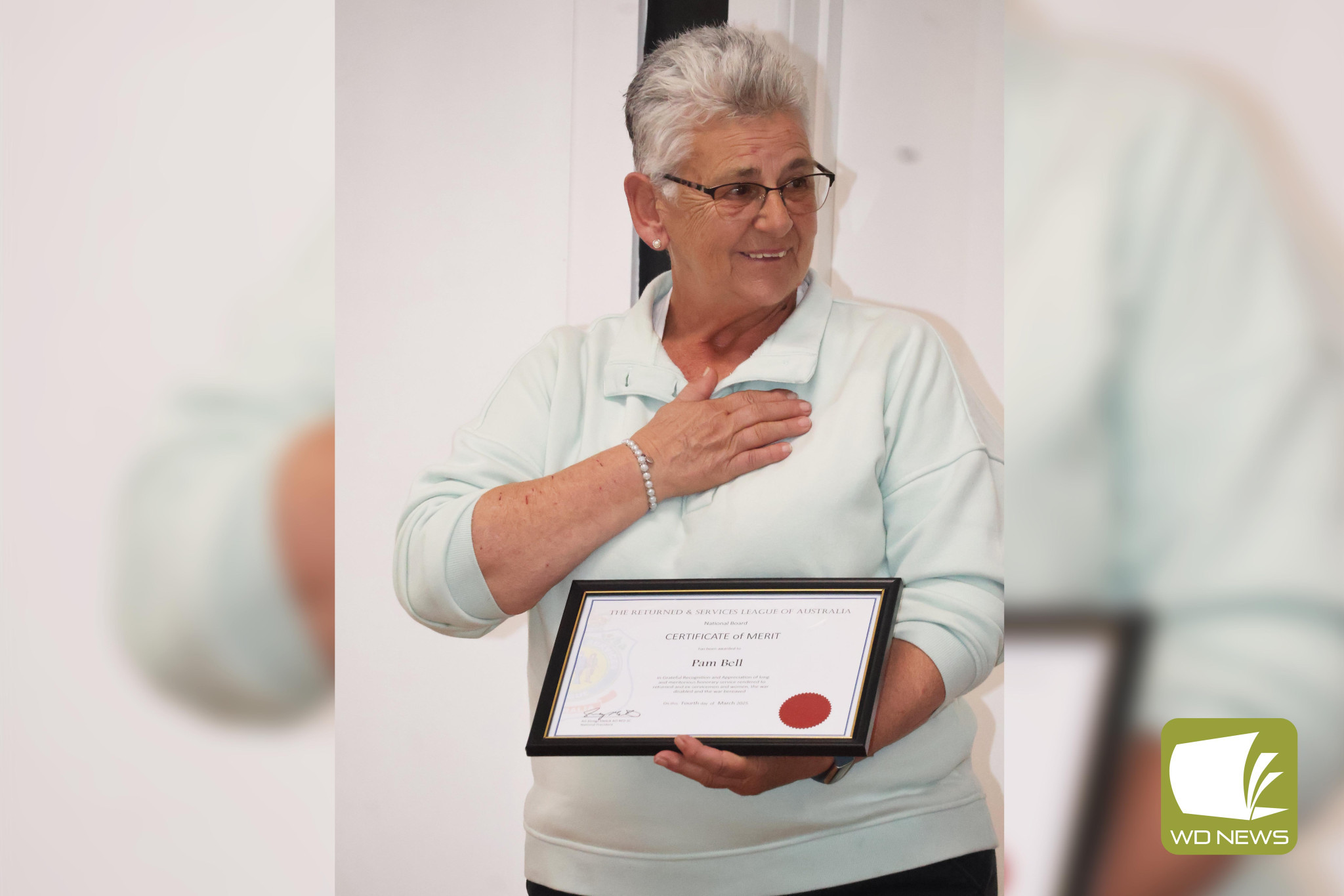 Congratulations: Terang Returned and Service League sub-branch secretary-treasurer Pam Bell was overcome with emotion to receive the honour.