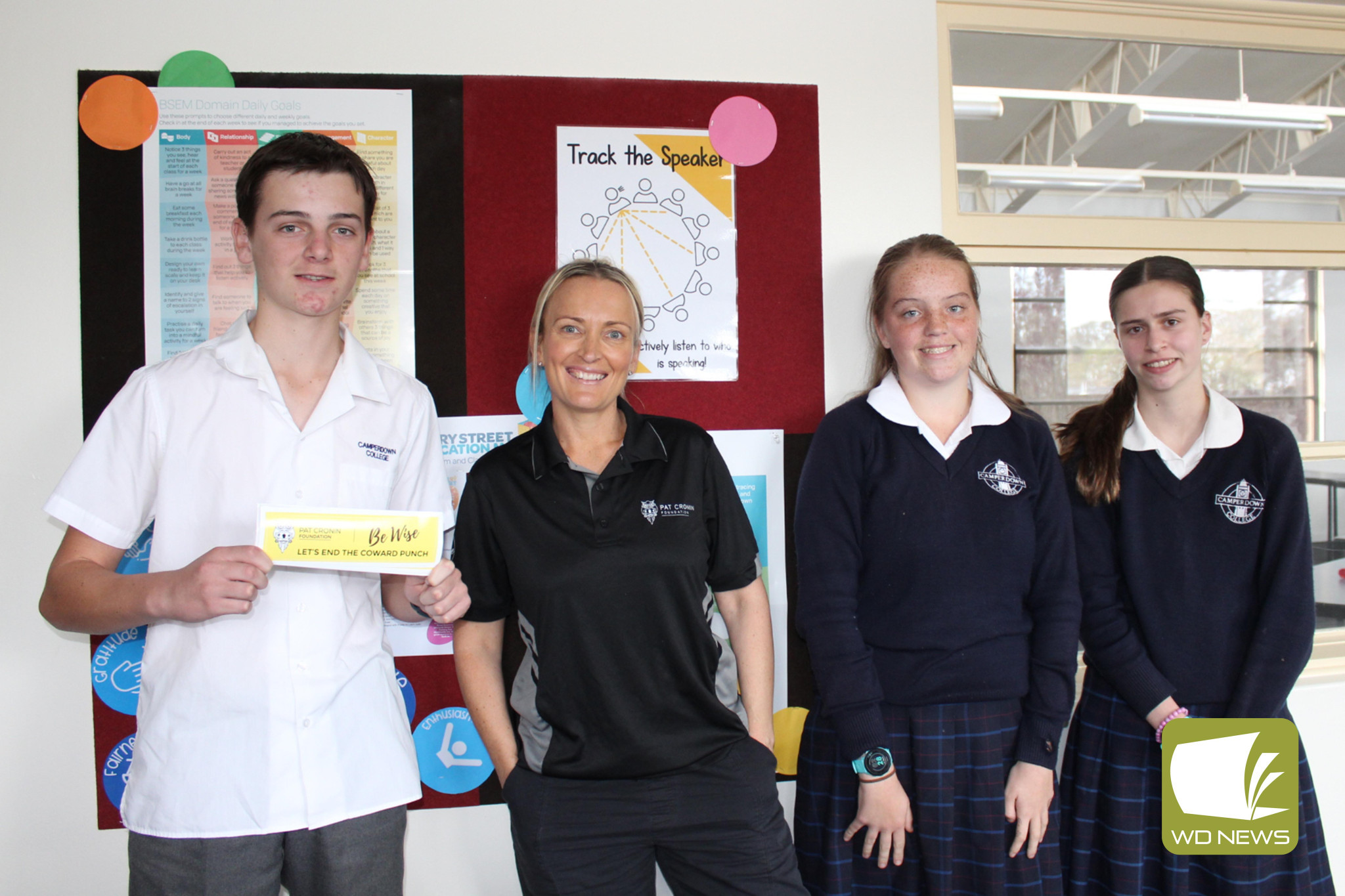Important message: Camperdown College Year 10 students Fletcher, Lila and Pippa thanked Pat Cronin Foundation presenter Stacey Dvorak for her visit.
