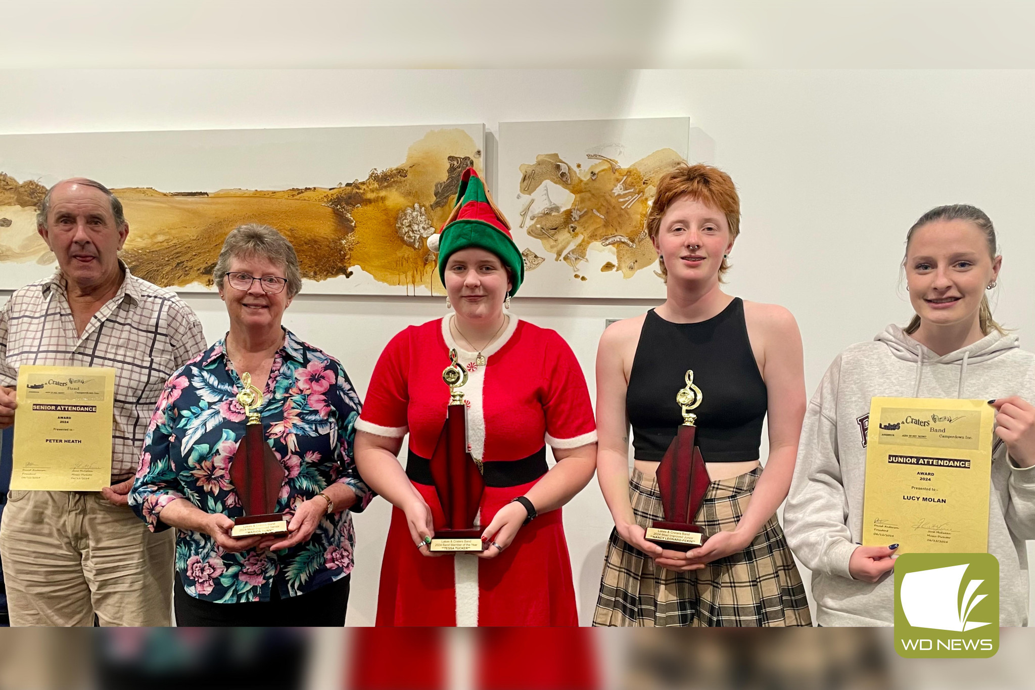 Congratulations: Camperdown’s Lakes and Craters Band recently acknowledged the efforts of (from the left) Peter Heath, Marion Dunn, Tessa Tucker, Nancy Leonard-Pekin and Lucy Molan.