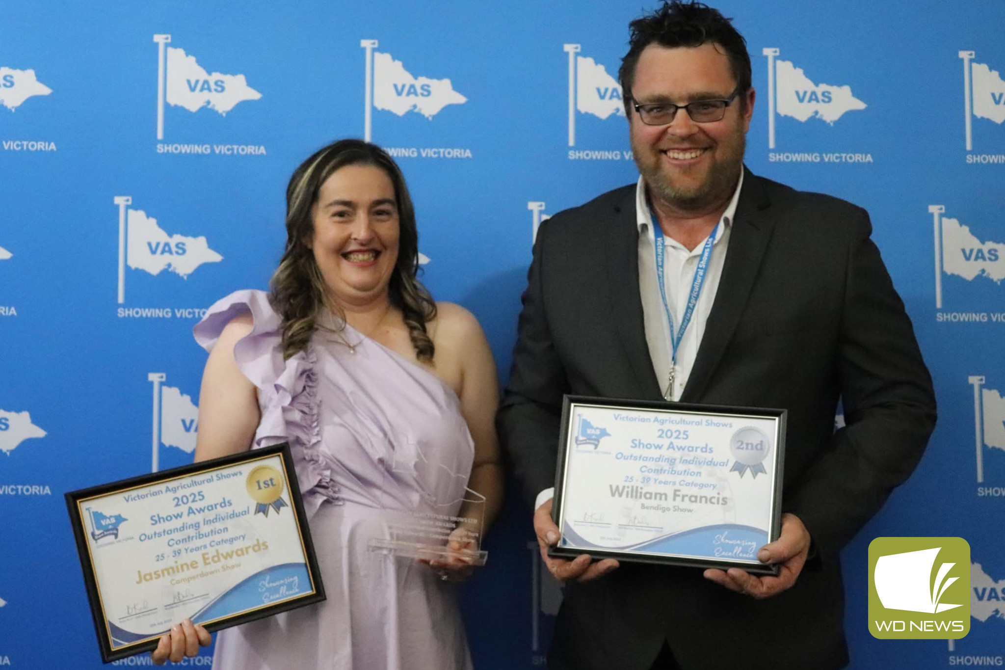Top gong: Camperdown Pastoral and Agricultural Society member Jasmine Edwards (left, pictured with Bendigo Agricultural Show Society member William Francis) won her category at the Victorian Agricultural Shows awards night recently. Picture supplied by Victorian Agricultural Shows.
