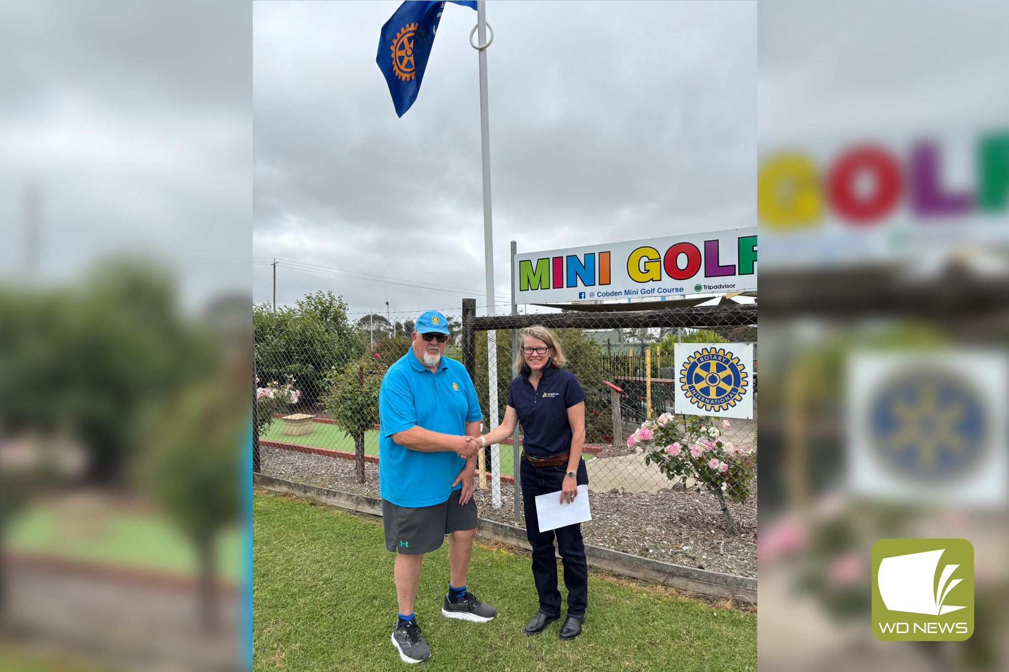 Appreciated: Cobden Rotary Club’s Gary Kimber and Amplitude’s Bindi Gove have welcomed a partnership sponsoring the club’s Tim Mason Magic Day in January.