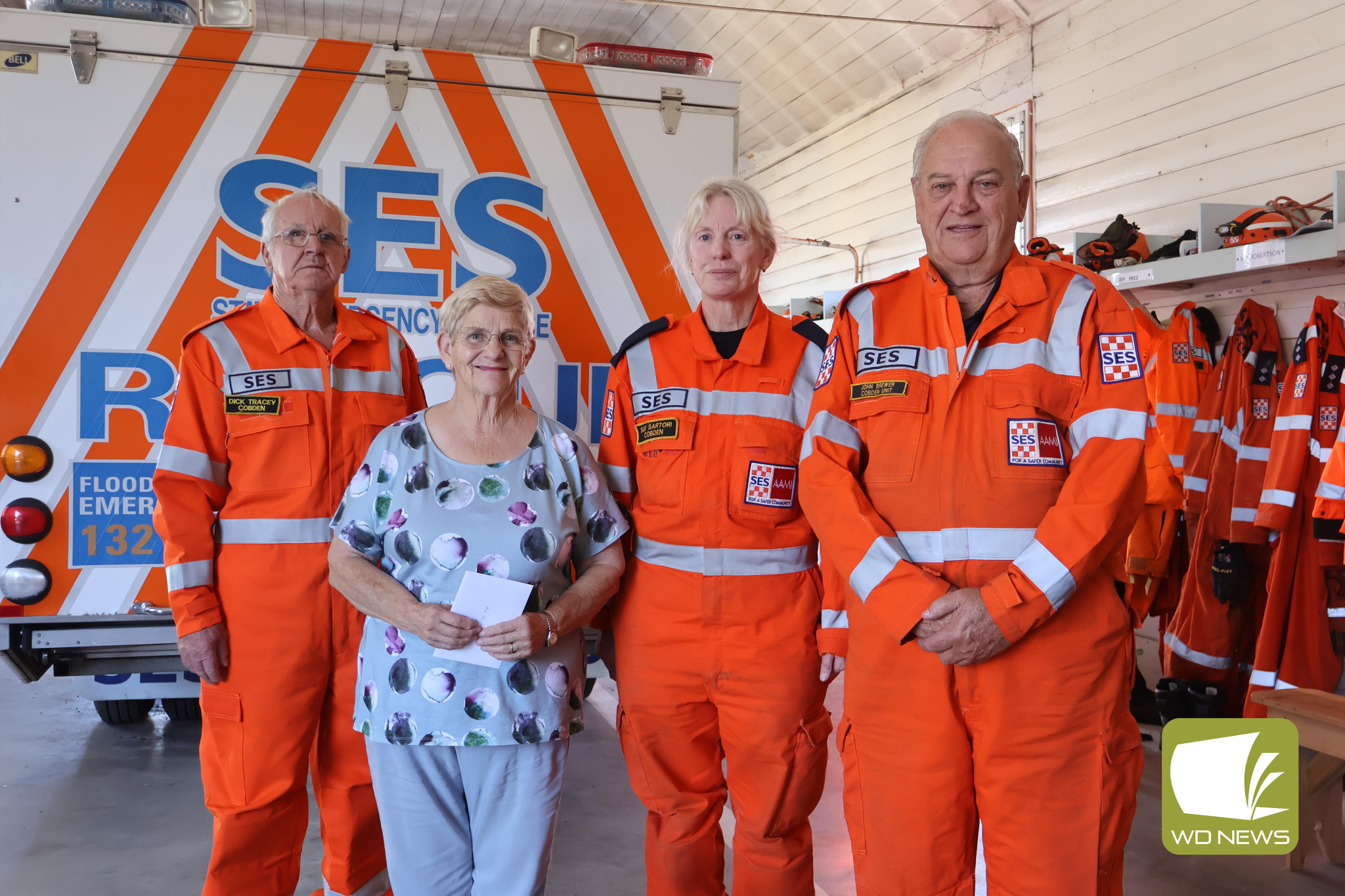 Donations crucial: Dick Tracey (from left), Timboon Opportunity Shop (TOPS) volunteer Brenda Parfett, Sue Sartori and John Brewer gathered for a generous donation to the Cobden State Emergency Service (SES) this week.