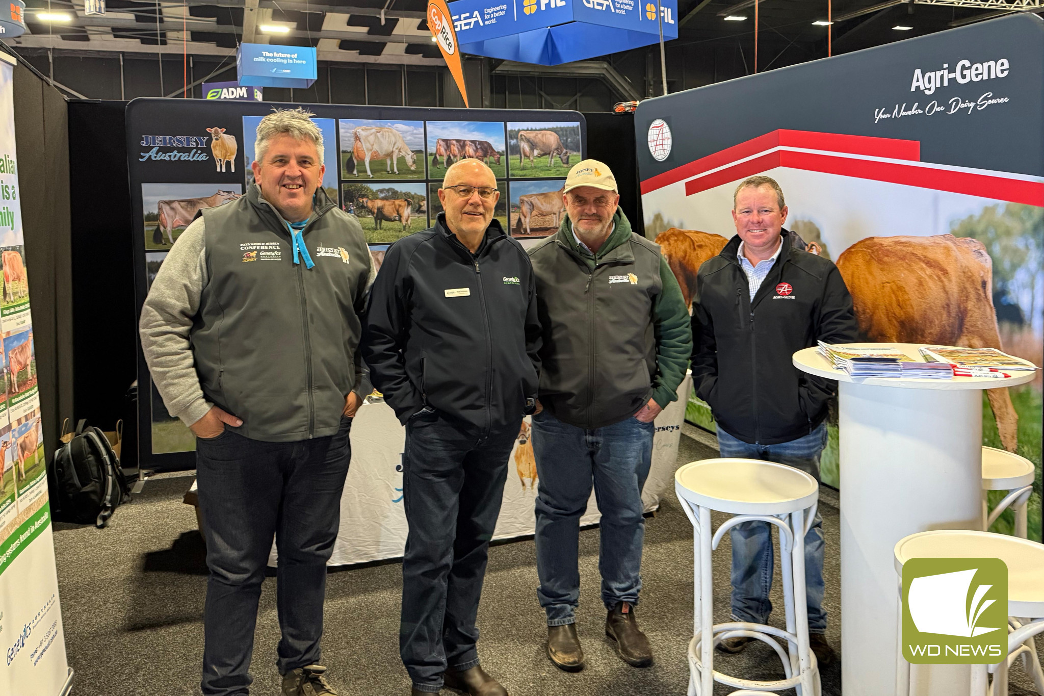 International talking point: Glen Barrett (from left), Rob Derksen, Noorat’s Con Glennen and Brad Gavenlock were among the farmers taking centre stage in New Zealand to promote Australian Jersey.