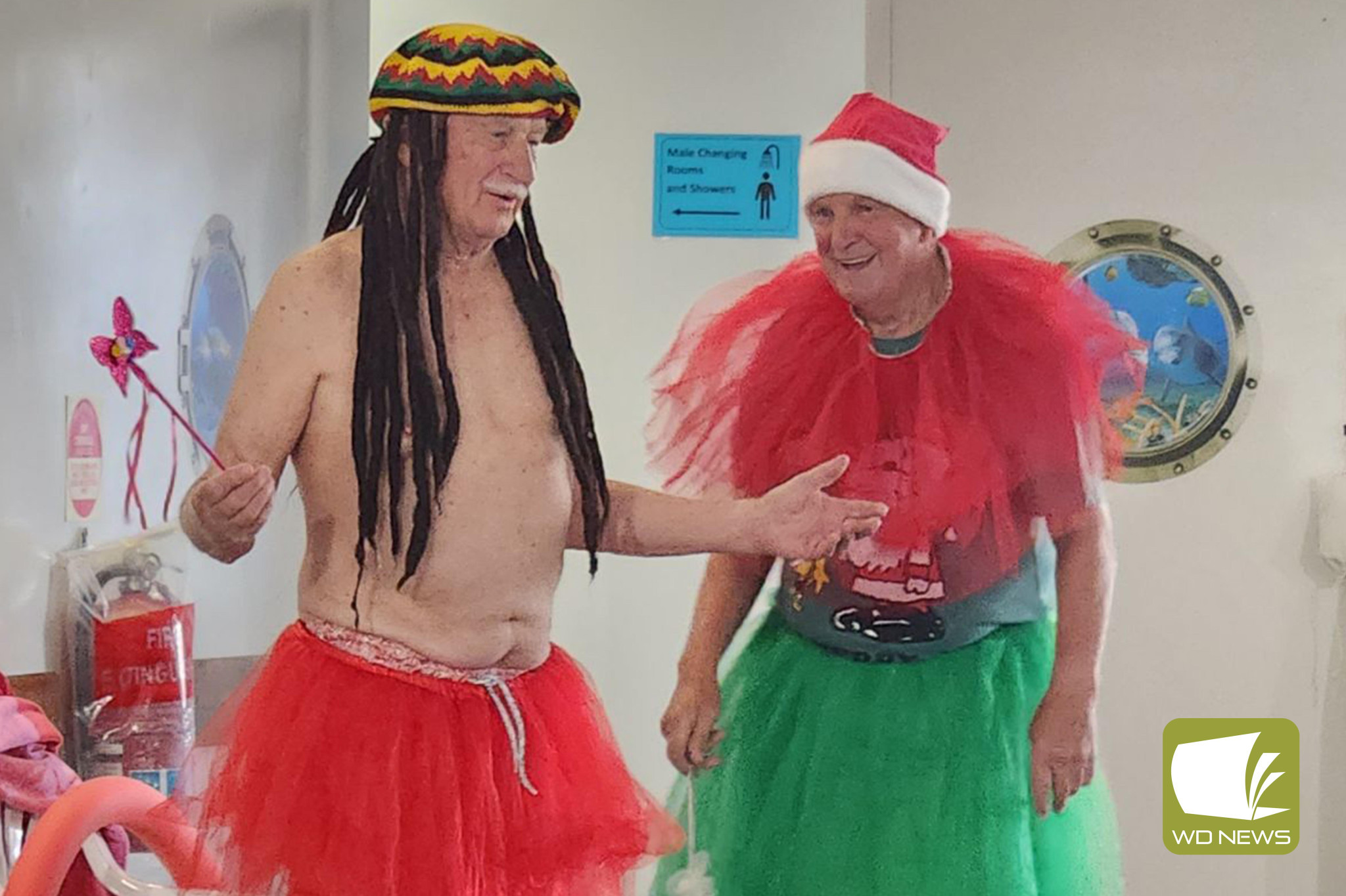 Fun and frivolity: Ian Urquhart and Keith Stephens went all out to mark the final Tuesday session of Carole Manifold’s water fitness class.