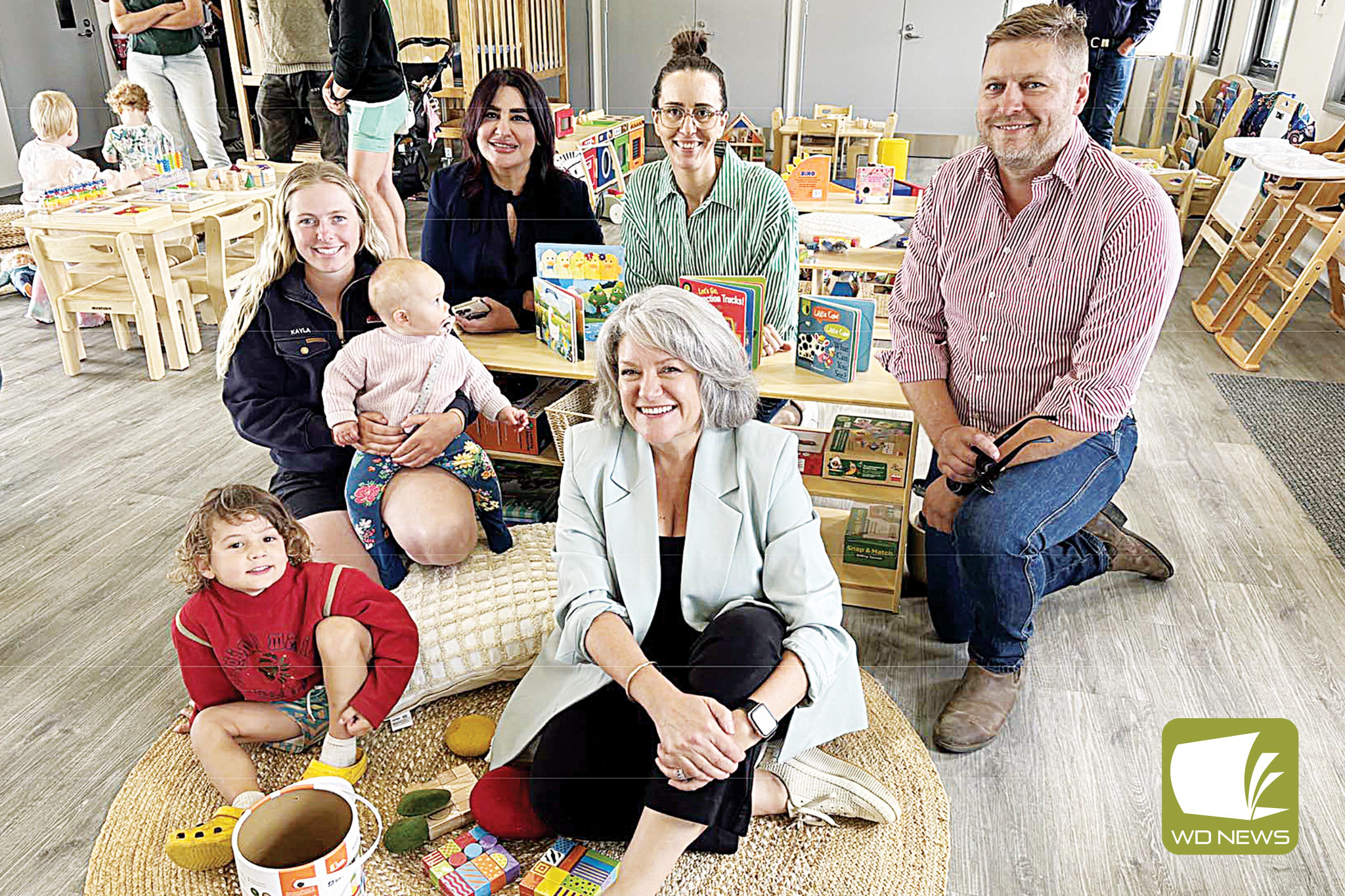 Addressing community needs: Archie, Moyne Shire mayor Karen Foster, former councillor Daniel Meade, Cr Lisa Ryan, Director of Roots Childcare and Kindergarten Rabia Arshad and local mother Kayla and daughter were among those celebrating the region’s newest childcare centre last Friday.