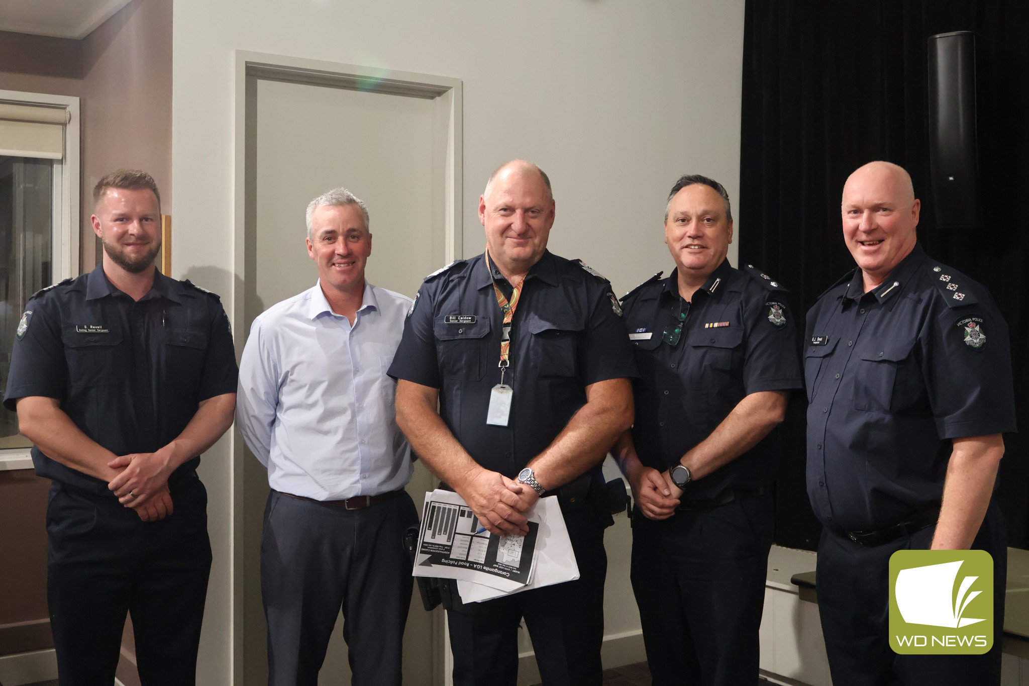 Hearing your concerns: Acting Senior Sergeant Stuart Revell, Warrnambool Criminal Investigation Unit Detective Sergeant Andrew Raven, Corangamite Senior Sergeant Bill Caldow, Acting Superintendent Efti Anastasiadis and Inspector Gary Best were among police members who spoke at the forum on Tuesday.