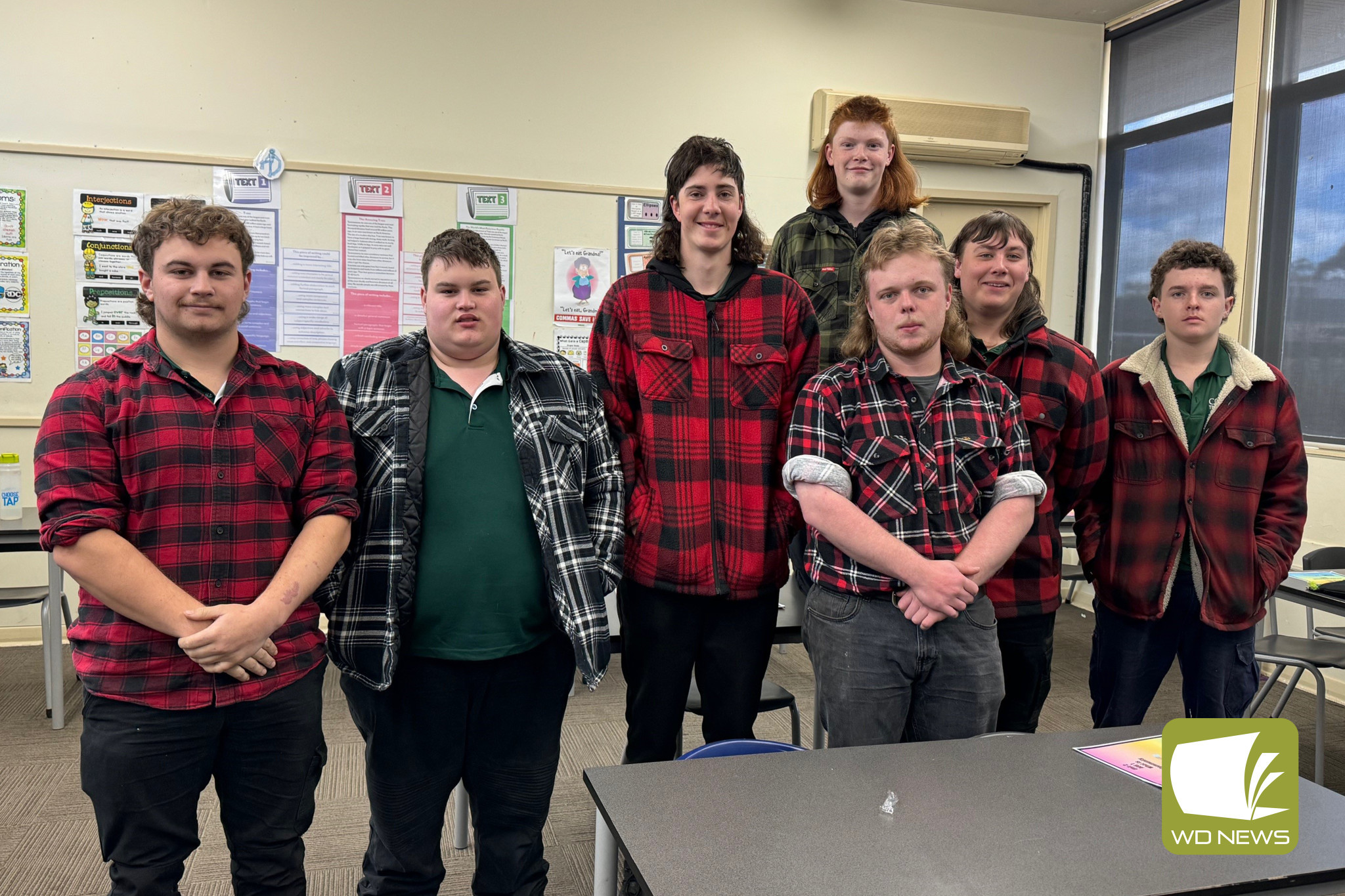 Dressed to impress: Korie, Ryan, Isaac, Max, Bryce, Jackson and Jack from Cobden Tech wore flannels to support farmers at school last Thursday.