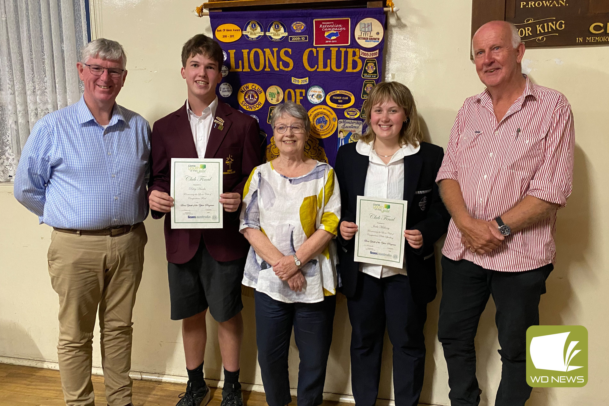 Congratulations winners: Judges Geoff Barby, (left) Helen Durant (middle) and Tony Duplex (right) congratulated Lions Youth of the Year winner Riley Hanks and public speaking section winner Jada Mahony.