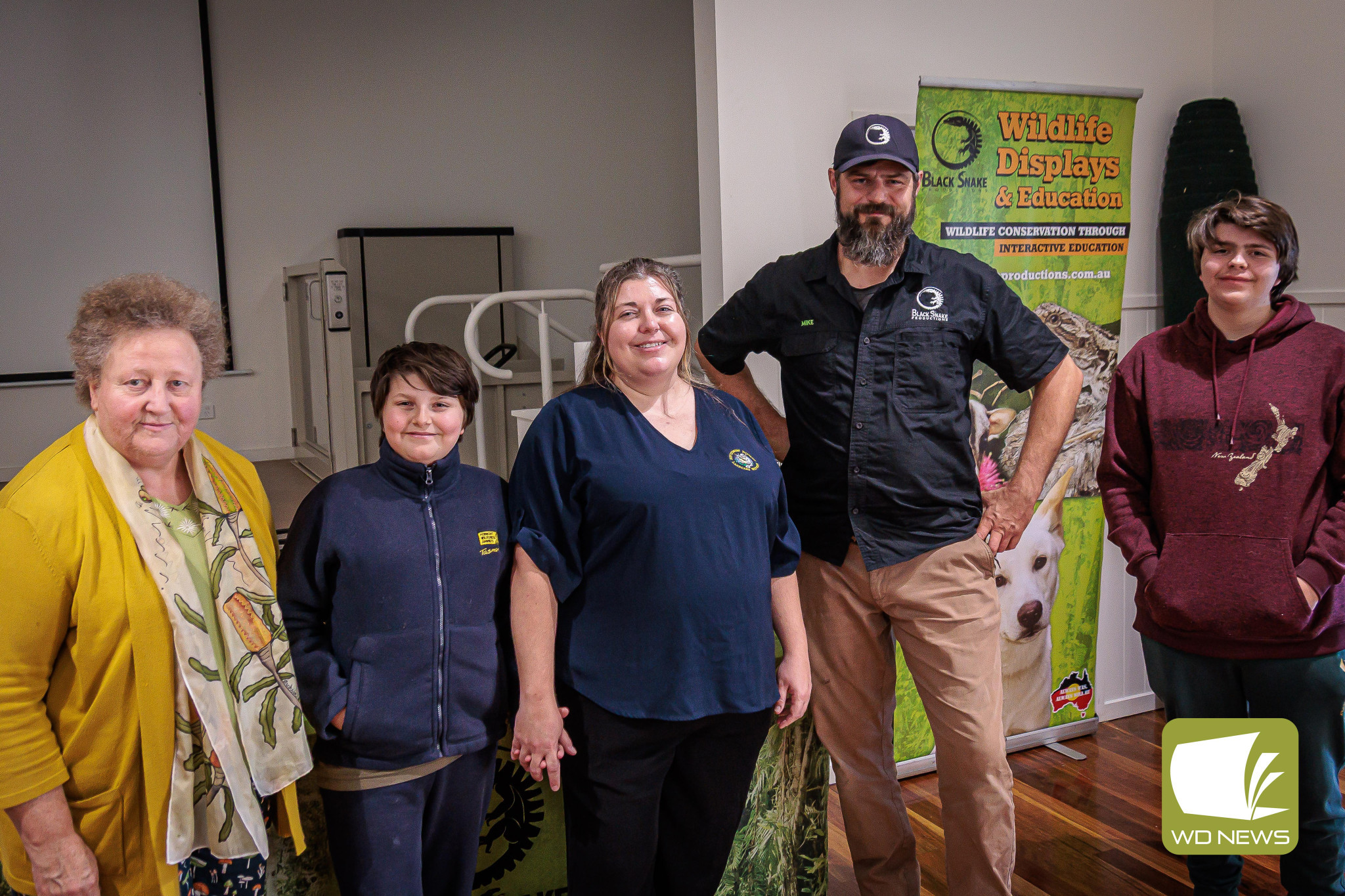 Snake safety: Heytesbury District Landcare Network Landcare coordinator Michelle Leech (middle) welcomed Michael Alexander (second from right) from Black Snake Productions to lead a safety seminar for the community in Peterborough. They are pictured with Helen Langley (from left), Dominic Leech and Nicholas Leech.