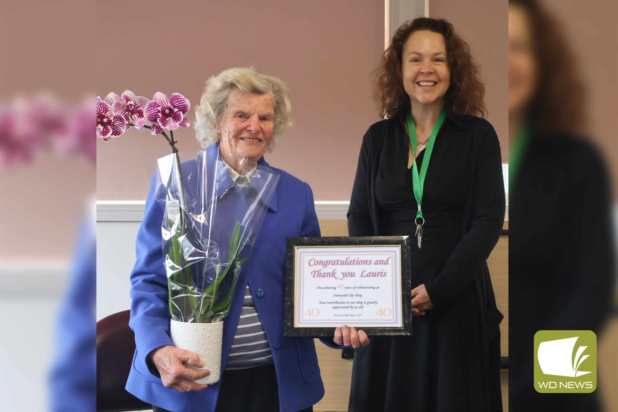 Longstanding service: Sunnyside House Op Shop volunteer Lauris Rippon was presented her 40-year certificate by Sunnyside House chief executive officer Jo Forrest at the Sunnyside House Ladies Auxiliary annual general meeting.