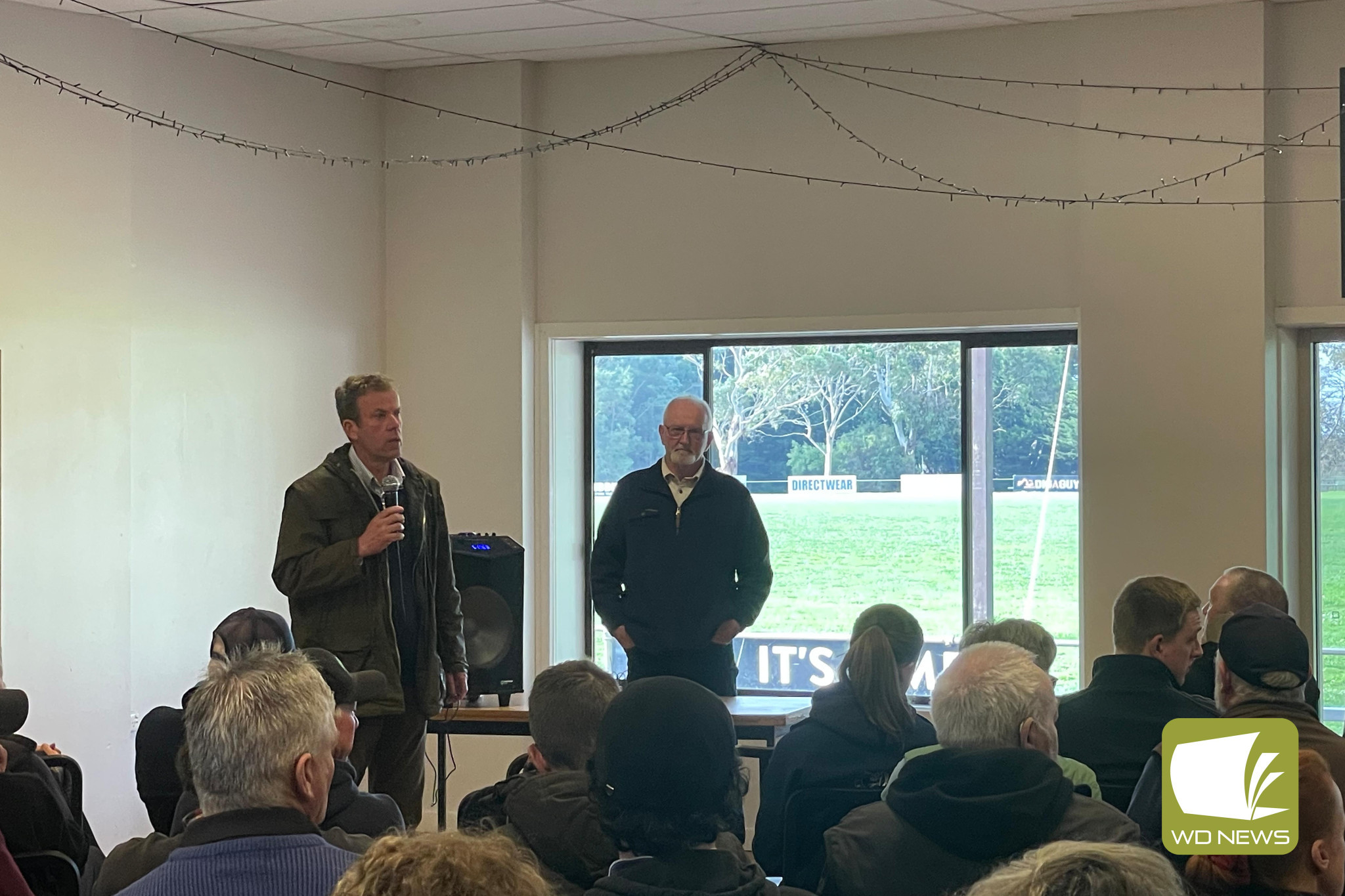 Community meeting: Federal Member for Wannon Dan Tehan, pictured with Pappy Hunt, at a community forum calling for change after significant amounts of farms have been sold for tree plantations in the Simpson and district community.