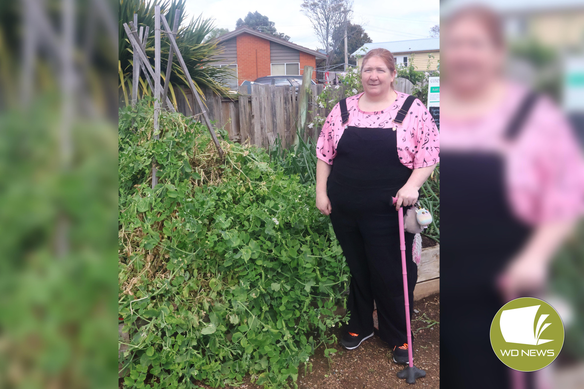 Disheartening: Ellie Blackney with the damaged pea plant and trampled spring onions, which were among the plants impacted by the recent vandalism attack.