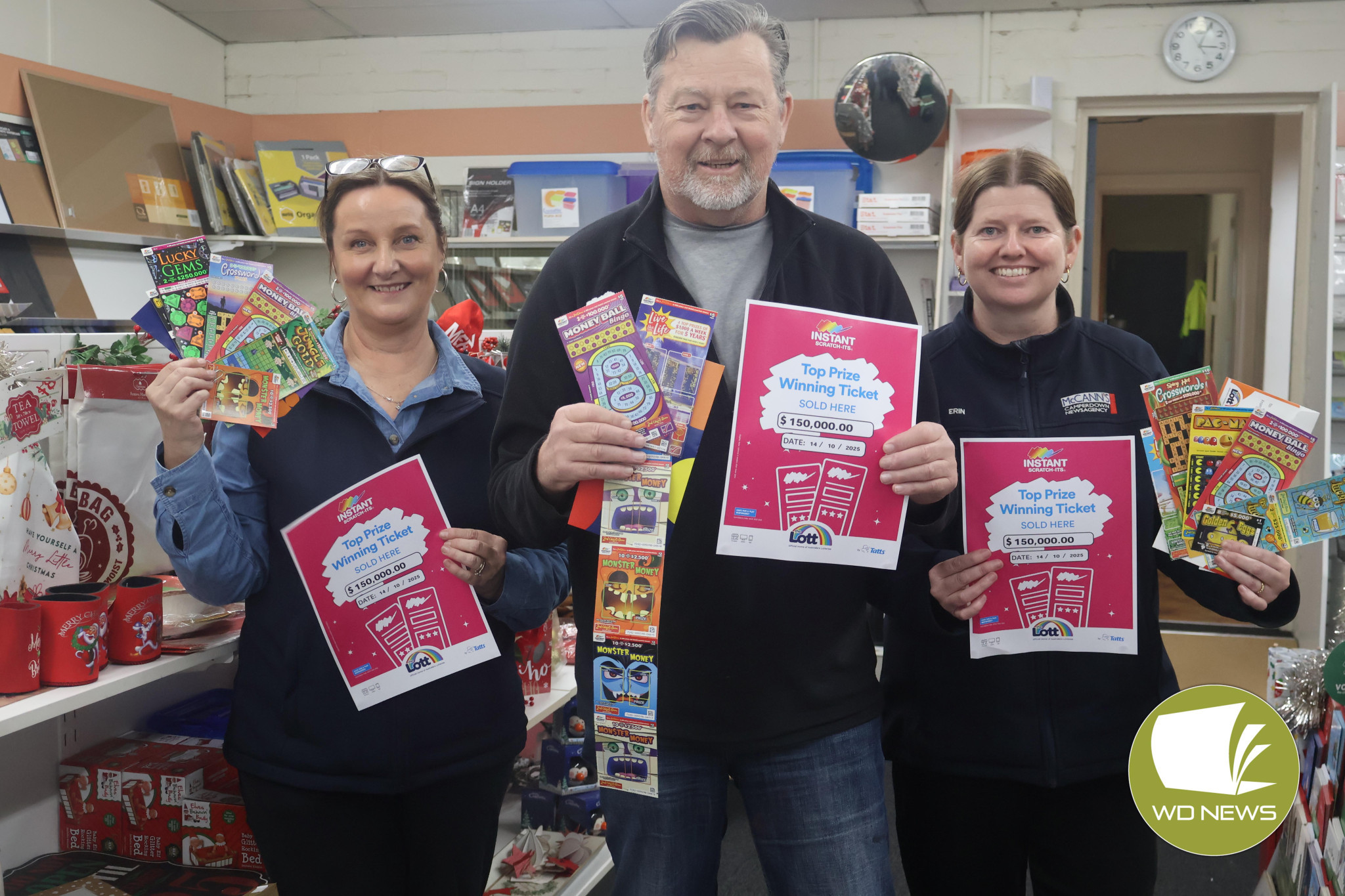 Lucky day: Camperdown Newsagency staff member Susan Boyd, owner Paul Hewitt and staff member Erin Hassett have been shocked to sell one resident a big win recently.