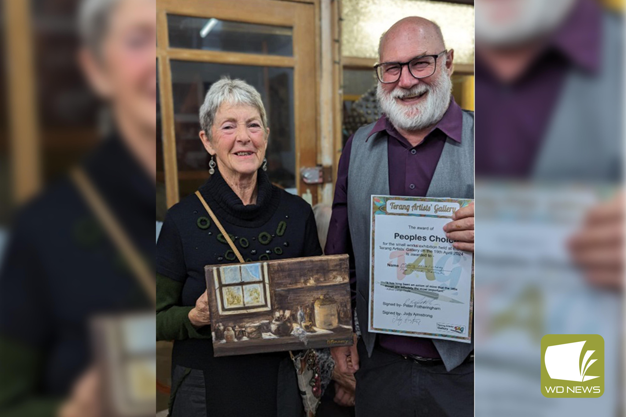 Officially open: Margaret Moloney and Peter ‘Fozz’ Fotheringham were among the award winners at the official opening of the Terang Artists’ Gallery.