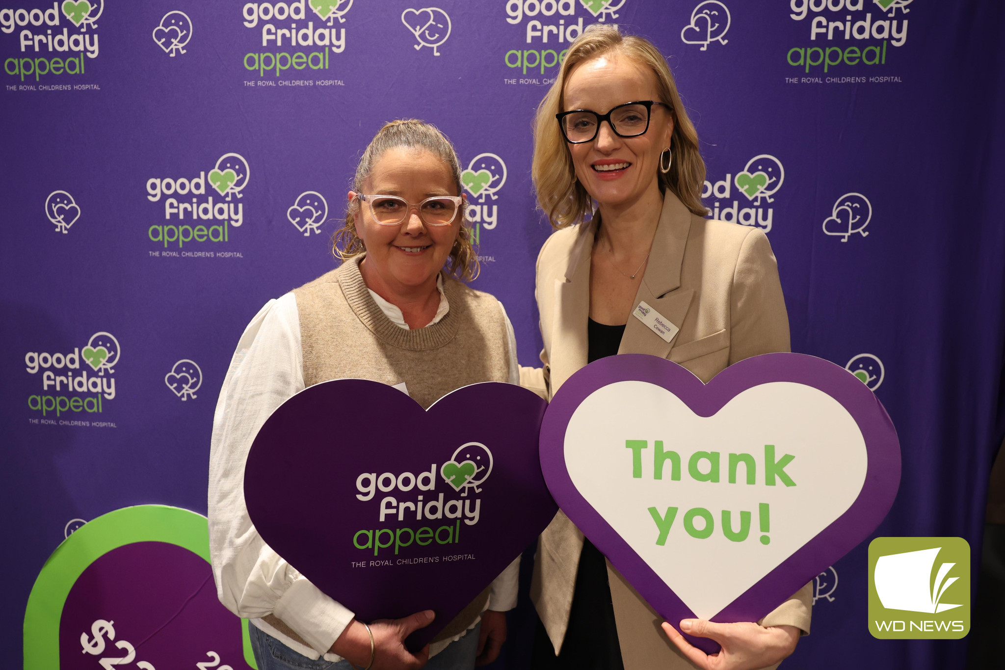 Thank you: Residents across the district once again dug deep for this year’s Good Friday Appeal, contributing to the state’s overall tally of more than $23 million. Pictured at Wednesday night’s recognition evening are Camperdown’s Kellie Kempton and executive director of the Good Friday Appeal Rebecca Cowan.