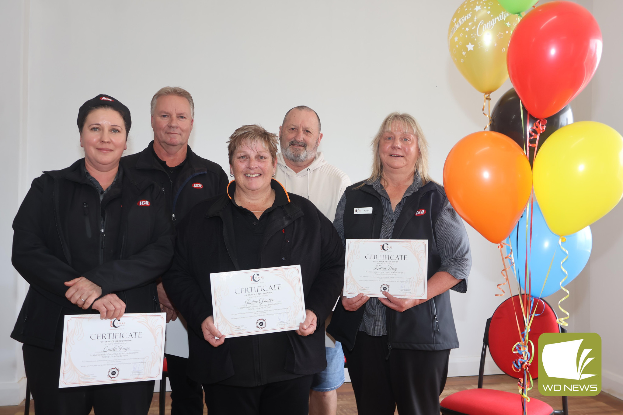 Recognition: Linda Fuge, Paul Bailey, Janine Grinter, Paul Hay and Karen Hay were among the staff members of the Terang and District Co-op who were last week recognised for their length of service.