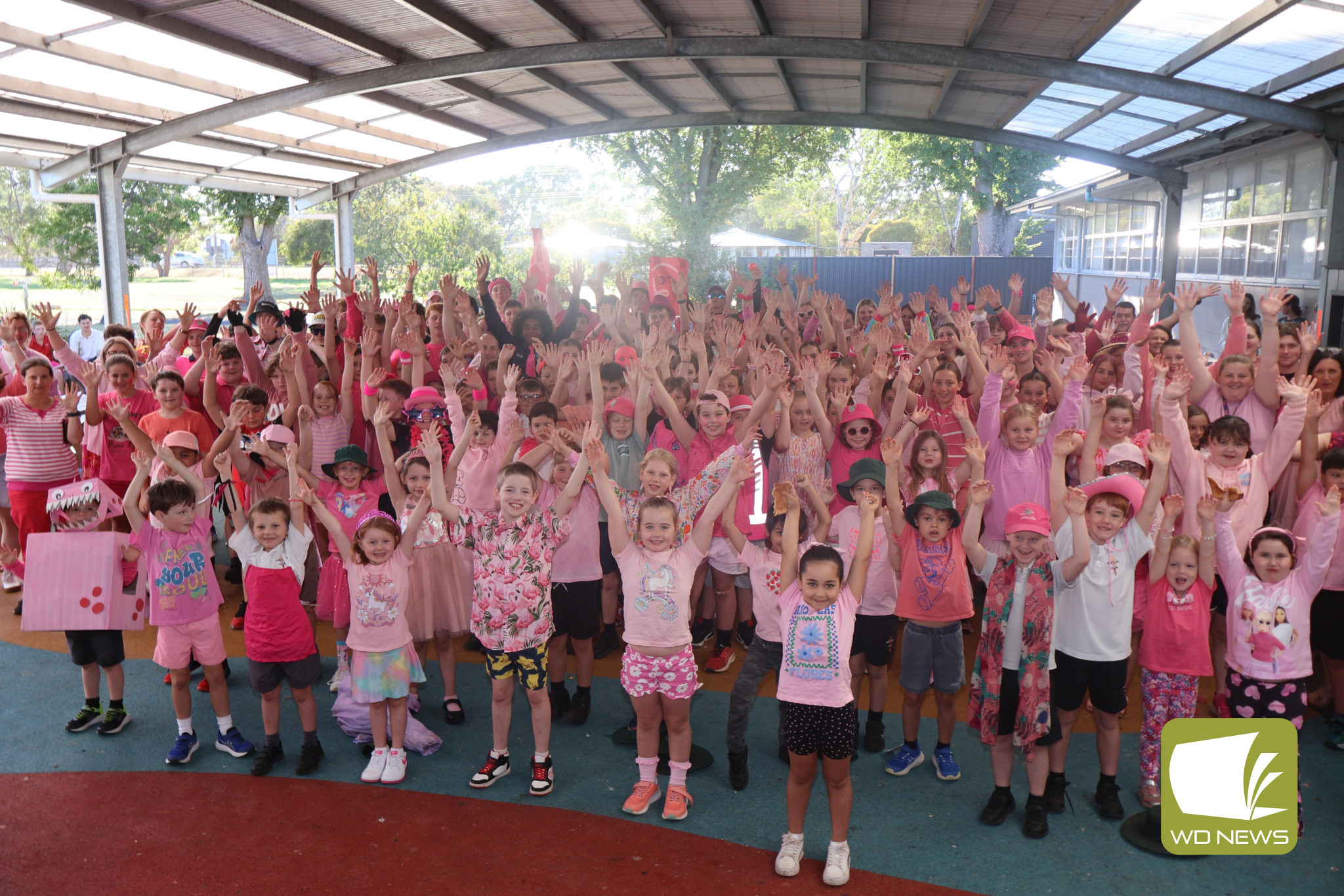 A lot of pink: Mortlake College students donned pink yesterday to support the fundraising efforts of Endeavour House captain Josh Slater.