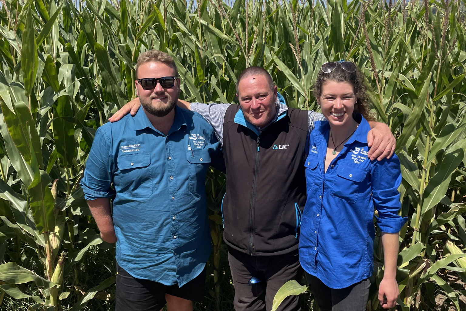 Learning experience: Third generation Jancourt East farmer Billy Buckingham travelled to New Zealand for a study tour, he is pictured with LIC district manager for Tasmania Rowan Priest and Tori Towers.