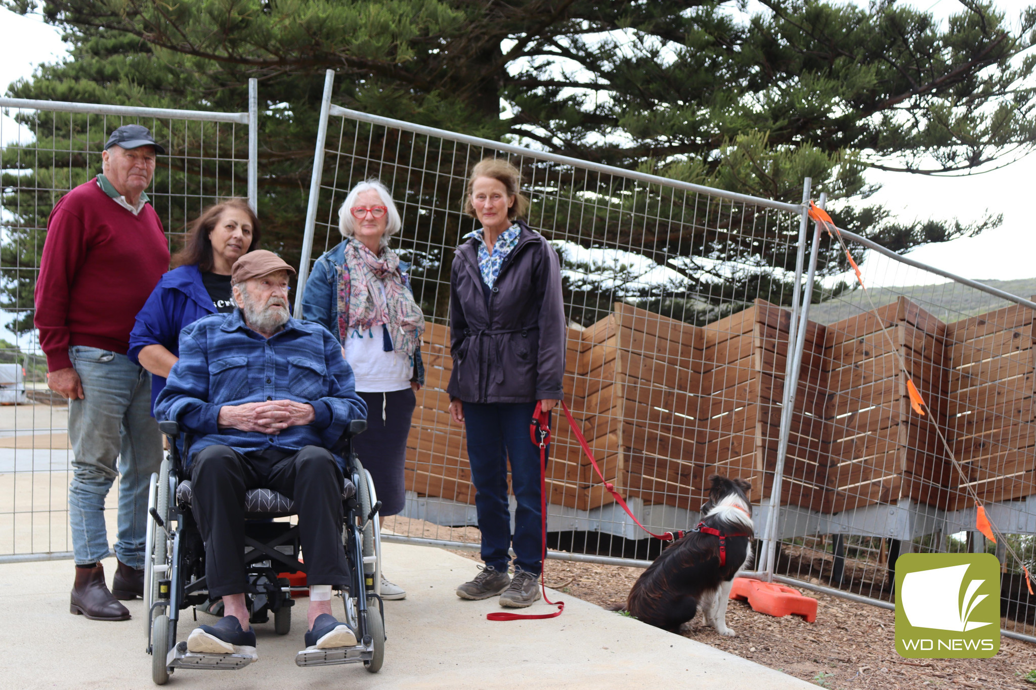 Developing disappointment: A local community group has raised concerns about impacted views due to the new deck safety rail at the Port Campbell foreshore. Pictured are locals Noel McKinnon (from left), Laura Fazzalari, Barry Breen, Anne Radford and Marion Manifold.