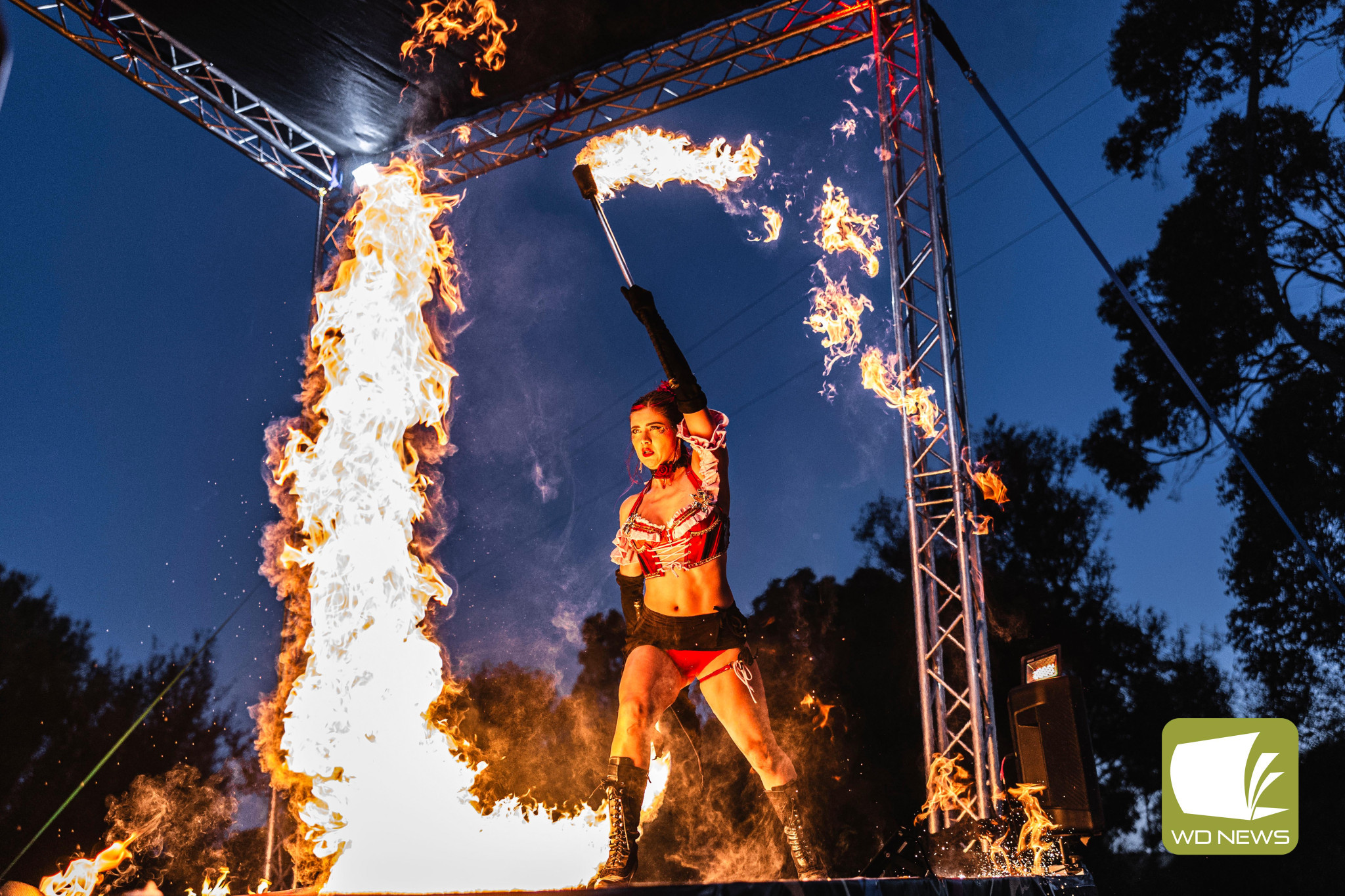 Burst aflame: Jessy Spin sparks wonder during the late-night fire spinning circle at this year’s Spinfest. Photo courtesy of Dan Rabin.