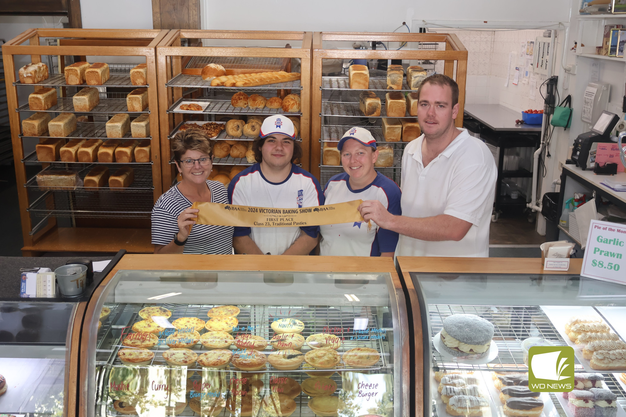 It’s official: Terang Country Bakery owners Gaye McVilly (left) and Brad Burkitt (right), pictured with apprentice Jake Proctor and Kelly McIntosh, are celebrating after the bakery was crowned as having the best traditional pasties at the 2024 Victorian Baking Show.