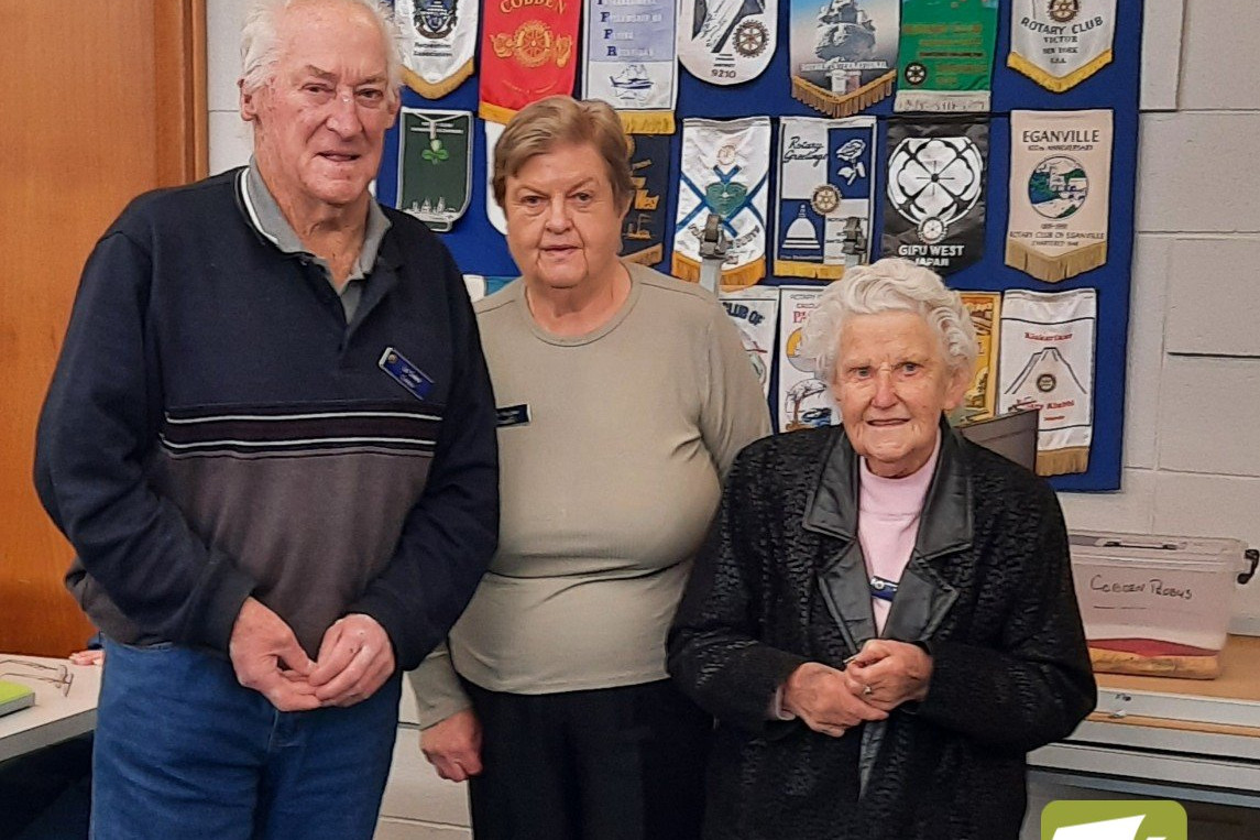 Congratulations: Cobden Probus Club president Mary Holloway (middle) presented 20 year badges to Les Sumner and Helen Watts at the May meeting.