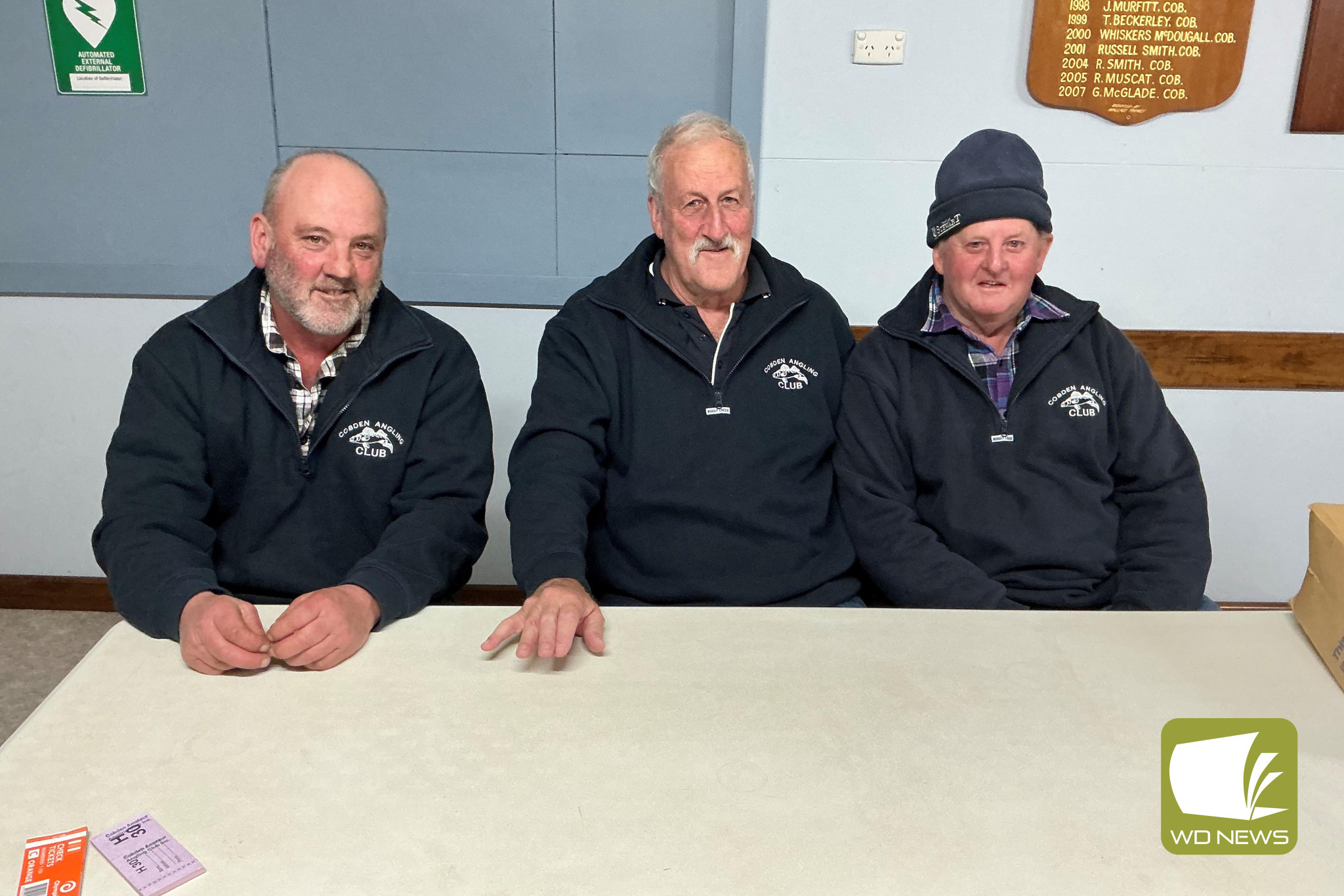 Reeled in re-election: Cobden Amateur Angling Club president Bryan Poole (from left), secretary Les Blake and treasurer Russell Smith were re-elected onto the committee at their club’s annual general meeting last Tuesday night.