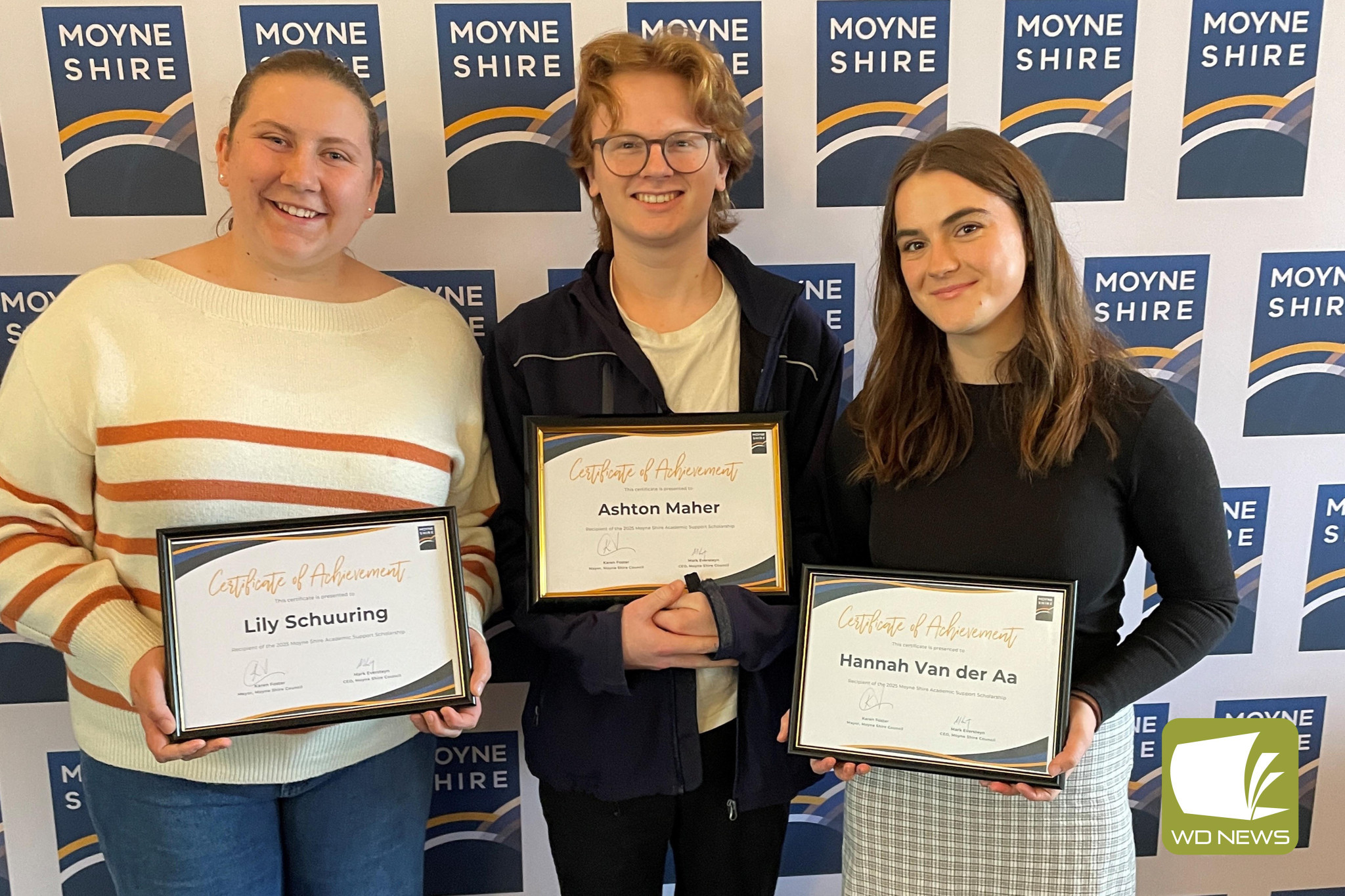 Worthy recipients: Lily Schuuring, Ashton Maher and Hannah Van der Aa were recently named the recipients sharing in the $15,000 available through the 2025 Moyne Shire Academic Support Scholarship.