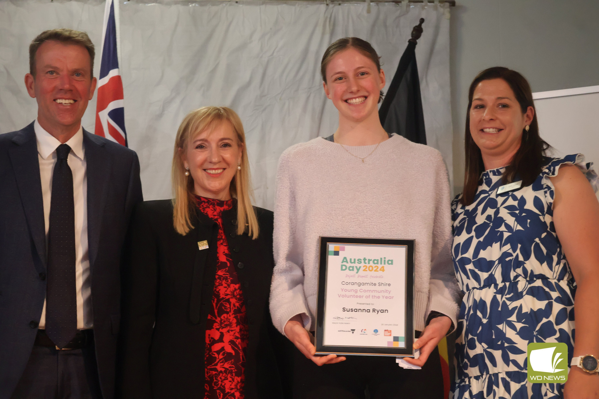 Congratulations: Timboon’s Susanna Ryan was named Young Community Volunteer of the Year during Corangamite Shire’s Australia Day Awards last Friday. She is pictured with Wannon MP Dan Tehan, Margaret Zita OAM and Corangamite Shire mayor Kate Makin.