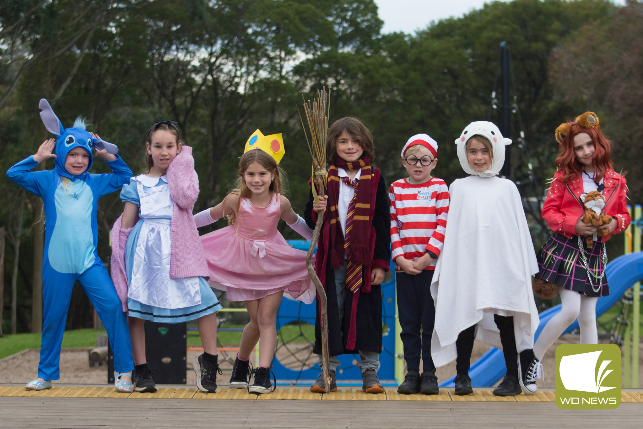 Mikayla Parsons, Lely McKenzie, Kirra Loving, Ethan Cotton, Darcy McKenzie, Jemma Cameron and Anyia Miller-Morris from Timboon P-12 School dressed up for Book Week. Photo courtesy of Raelene Wicks.