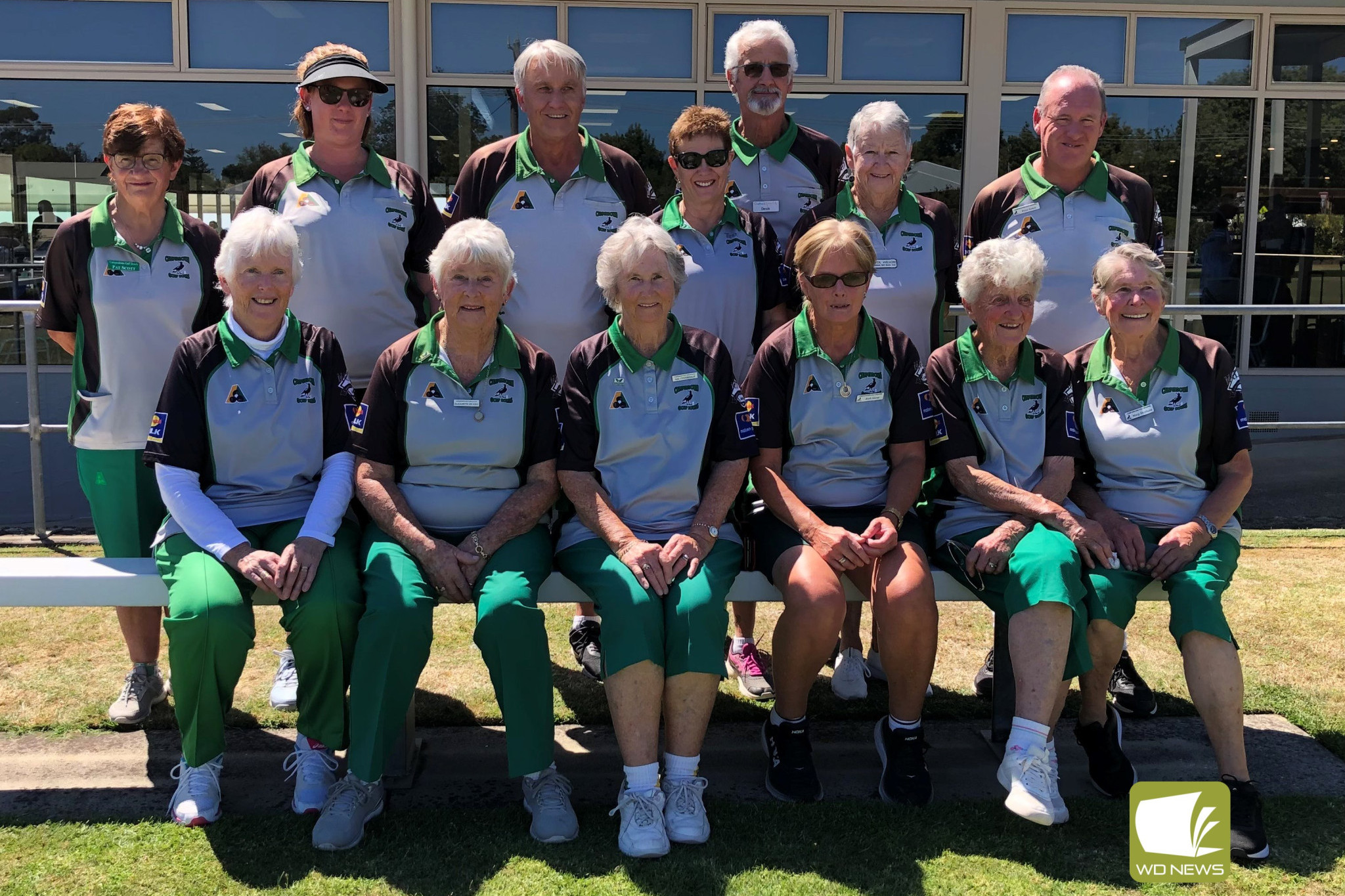 Camperdown Magpies division three midweek runners-up. Back row, from left: Pat Scott, Kell Edwards, Garry Brian, Terri Sinnott, Denis Place, Carol Wilson and Peter James. Front: Norma Weller, Liz Riches, Val Coverdale, Ruth Skene, Ella Blyth and Marg Stephens.