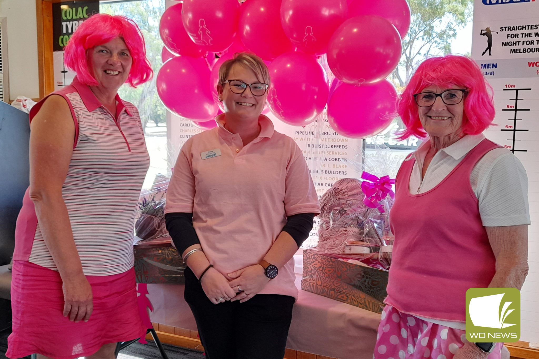 Cobden Pharmacy’s Fiona Gee (centre) congratulates winners of the 4BBB stableford competition at the club’s recent Pink Day, Deb Ferrari (left) and Carmel Darcy.